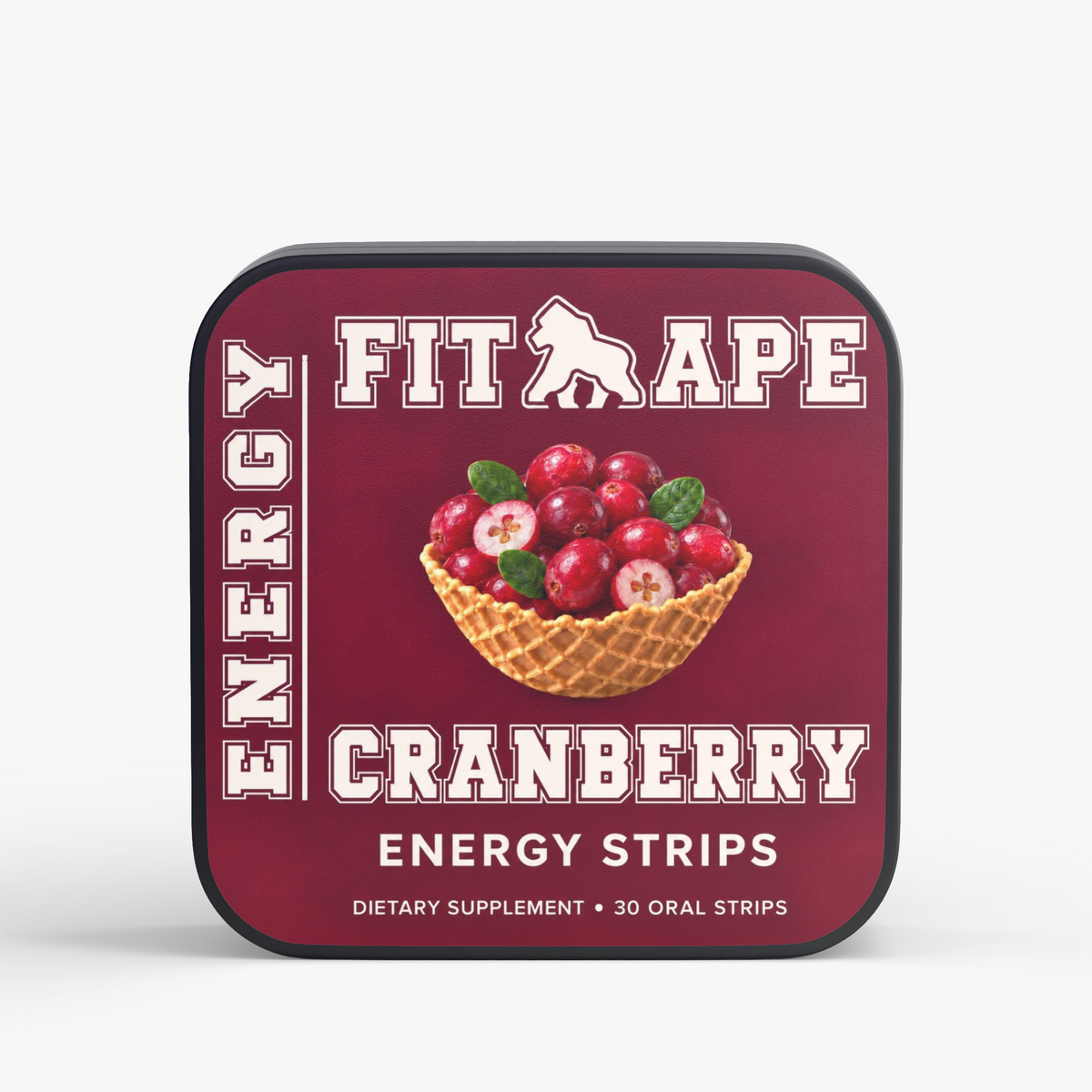 FIT APE Cranberry Energy Strips tin with cranberry basket label