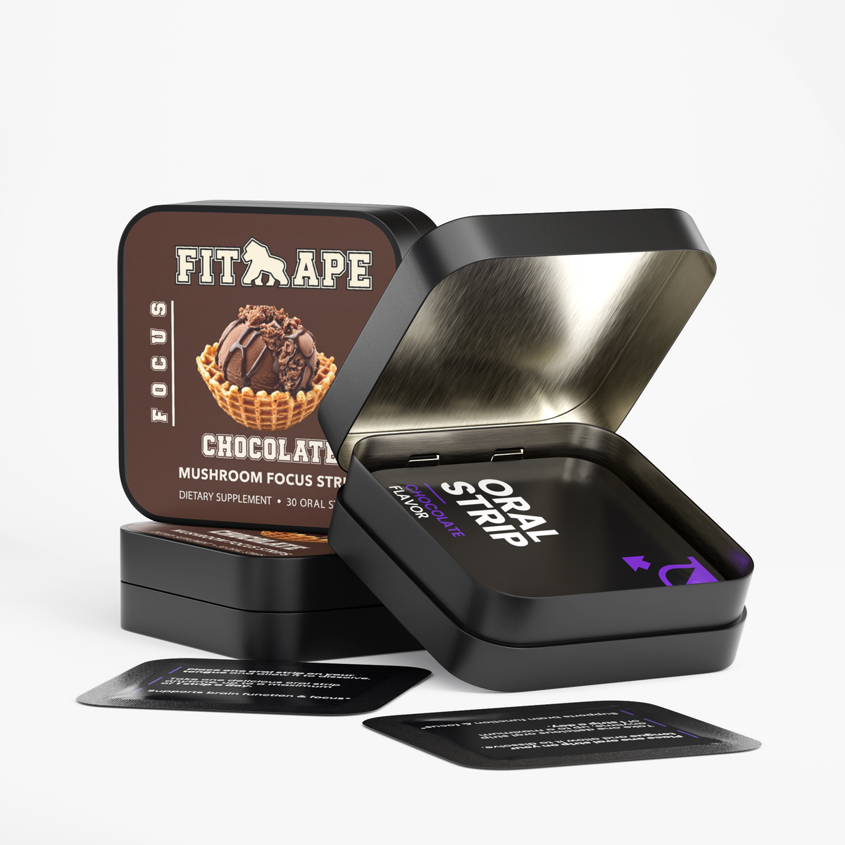 FIT APE Chocolate Mushroom Focus Strips tins and black packets, including an open tin