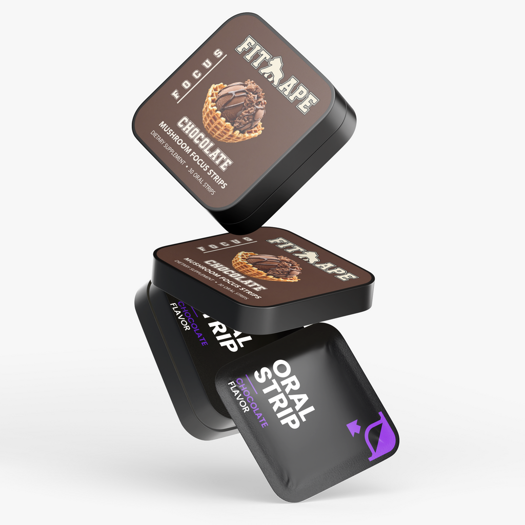 Stacked FIT APE Chocolate Mushroom Focus Strips tins with a black oral strip packet