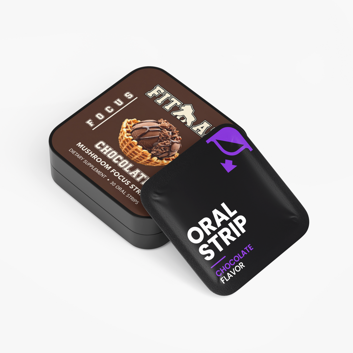 FIT APE Chocolate Mushroom Focus Strips tin beside a black oral strip packet