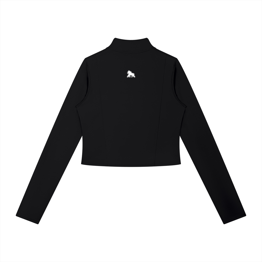 Black FIT APE women's full-zip sports jacket with white upper-back gorilla, back view