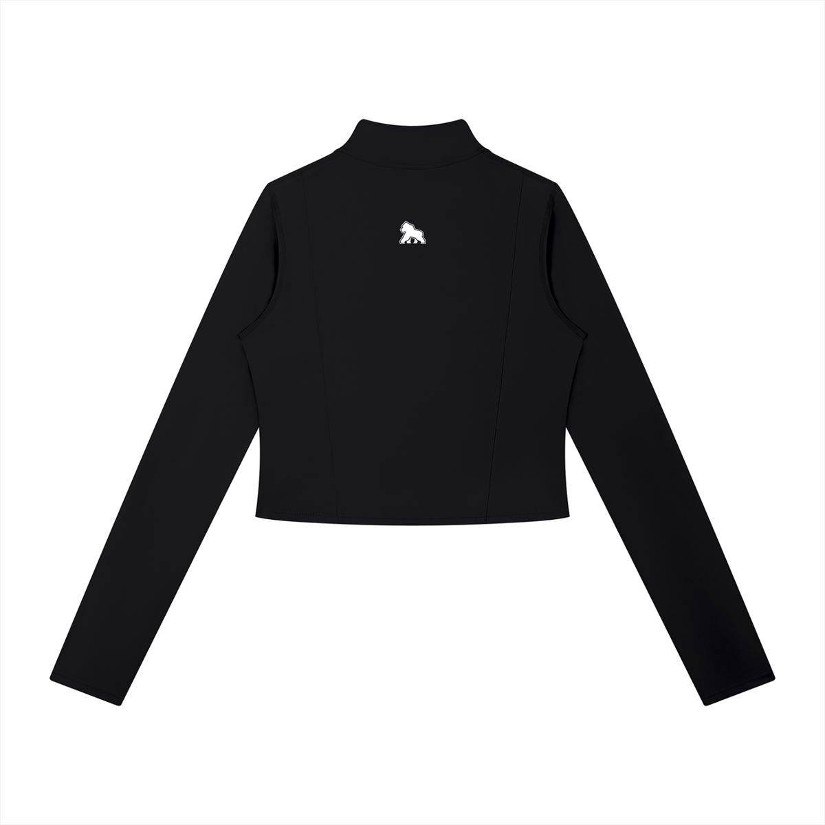 Black FIT APE women's full-zip sports jacket with white upper-back gorilla, back view