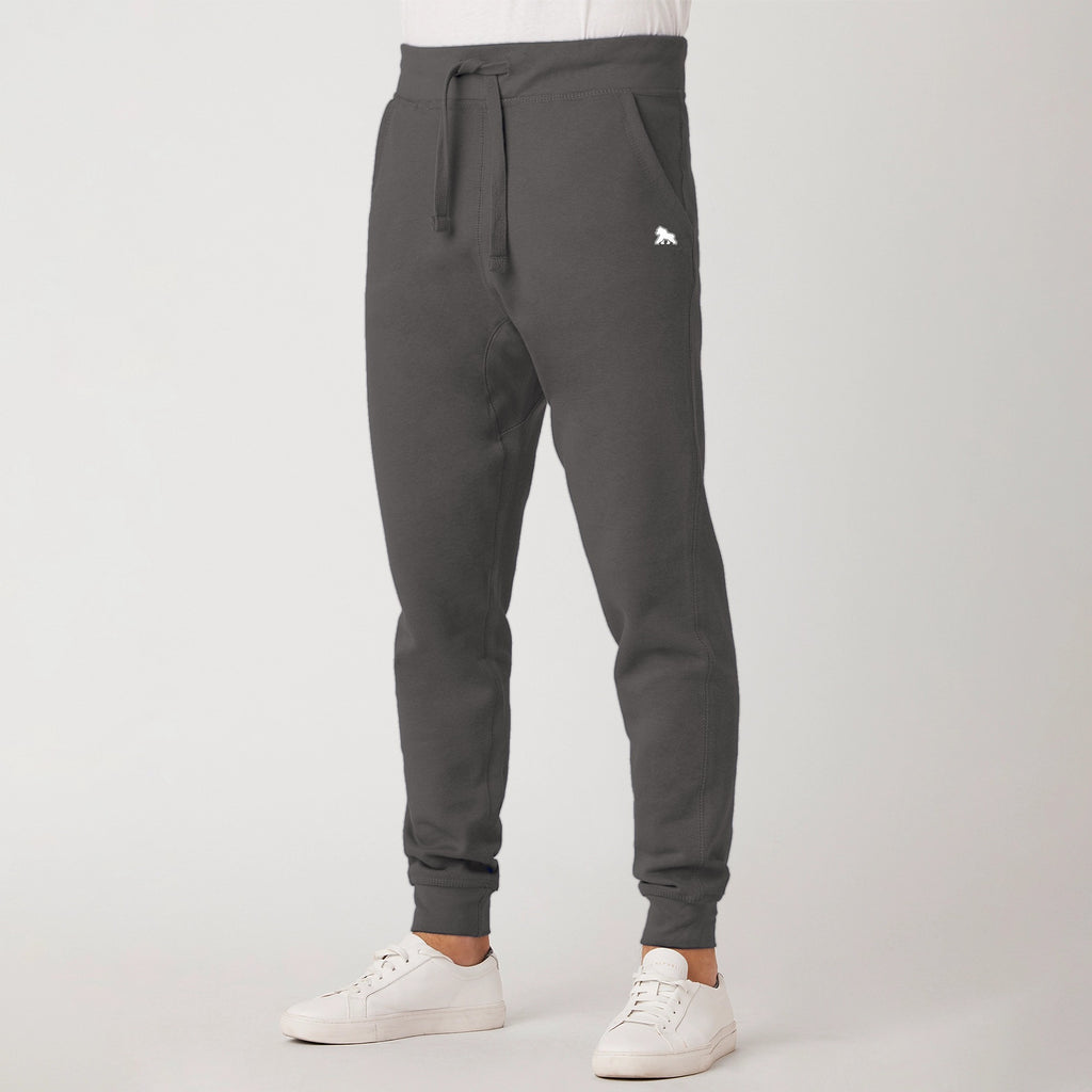 FIT APE men's premium fleece joggers in charcoal heather - side view, tapered fit