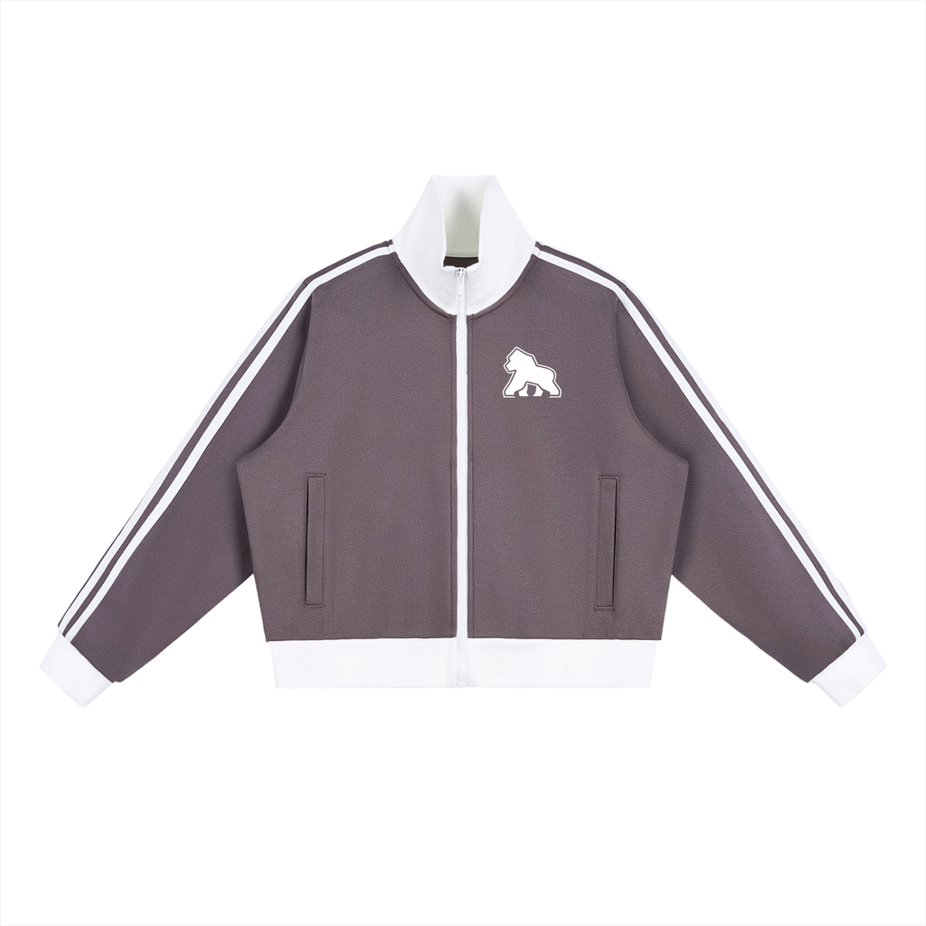 Muted purple FIT APE cropped track jacket with white trim and chest gorilla, front view