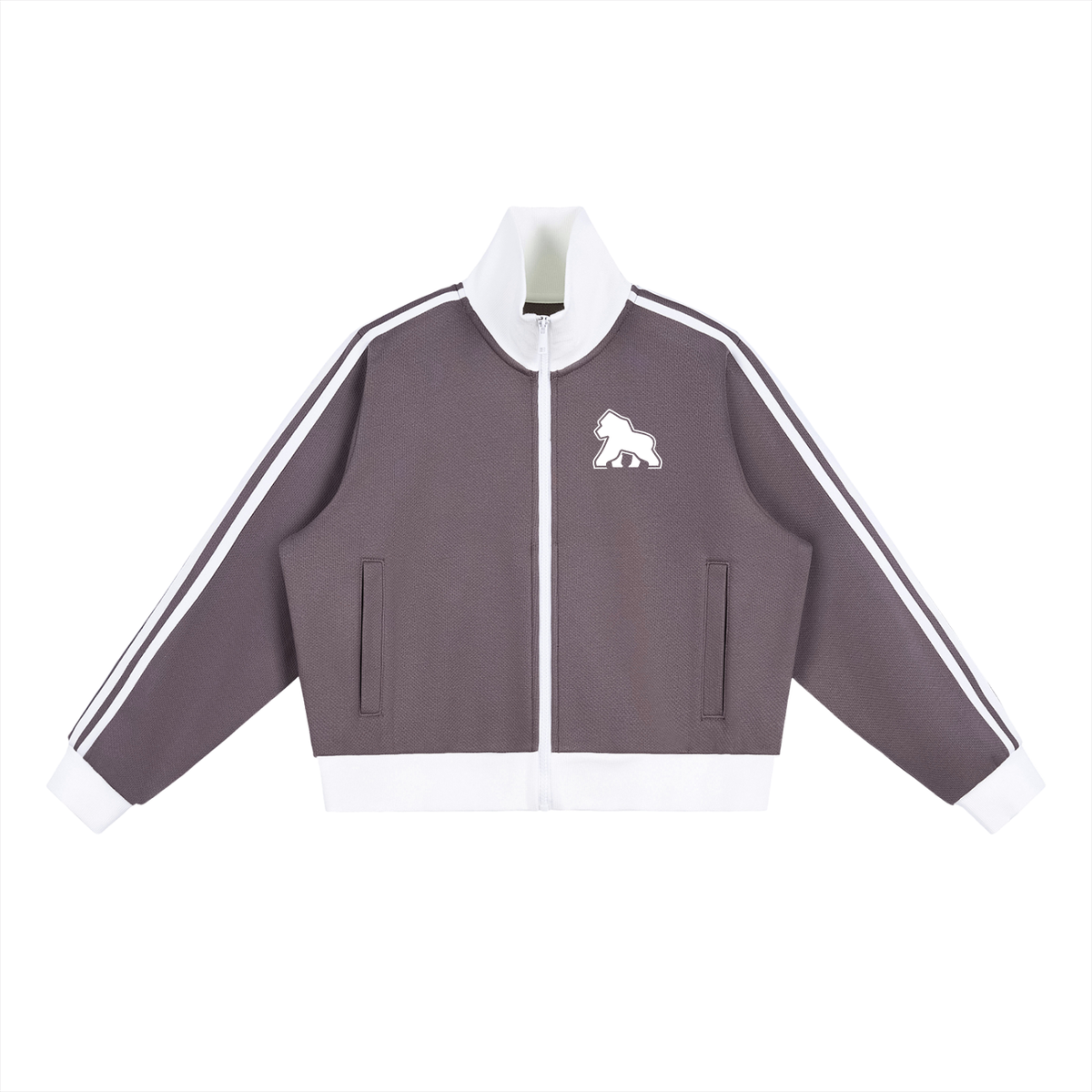 Muted purple FIT APE cropped track jacket with white trim and chest gorilla, front view