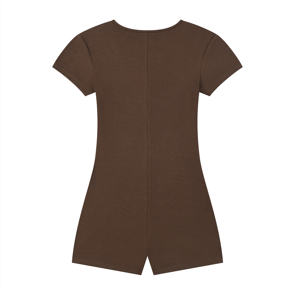 Brown FIT APE fitted short-sleeve romper, plain back view