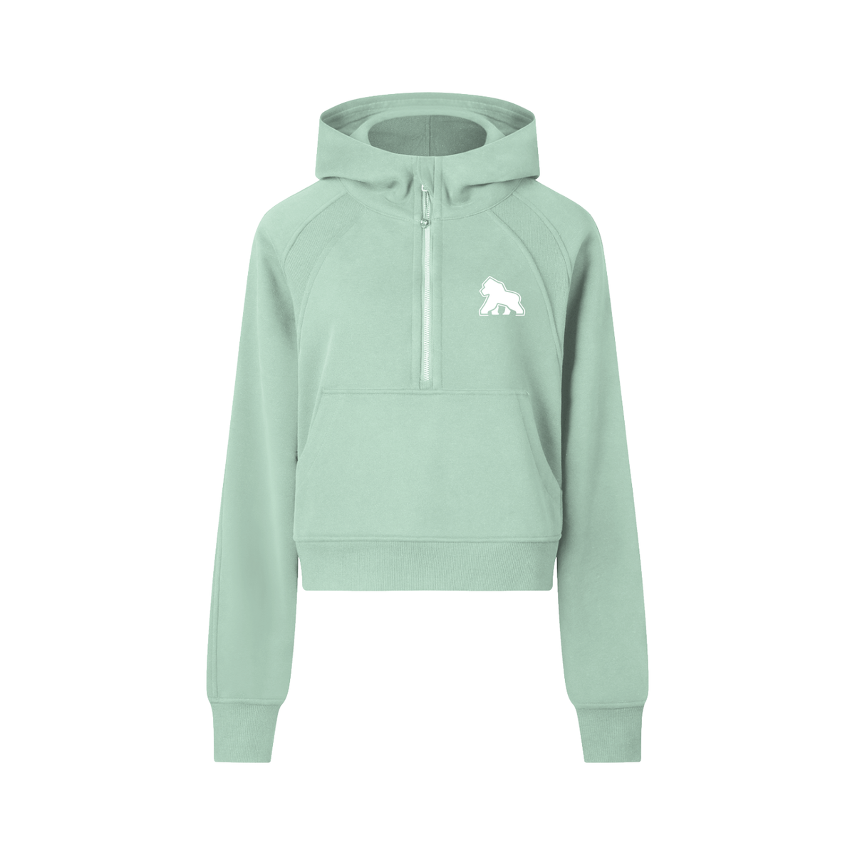 Mint green FIT APE cropped half-zip hoodie with white chest gorilla, front view