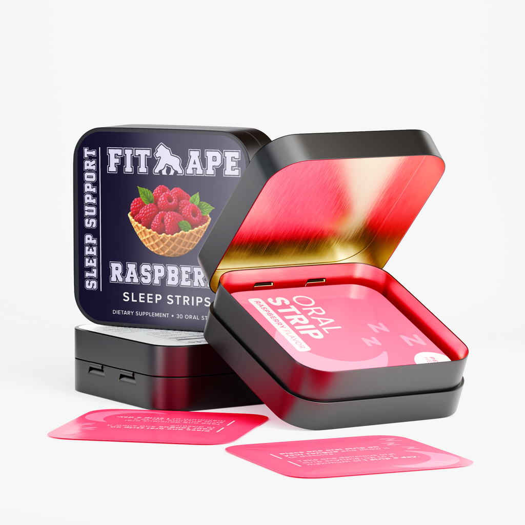 FIT APE Raspberry Sleep Strips tins and pink oral strip packets, including an open tin