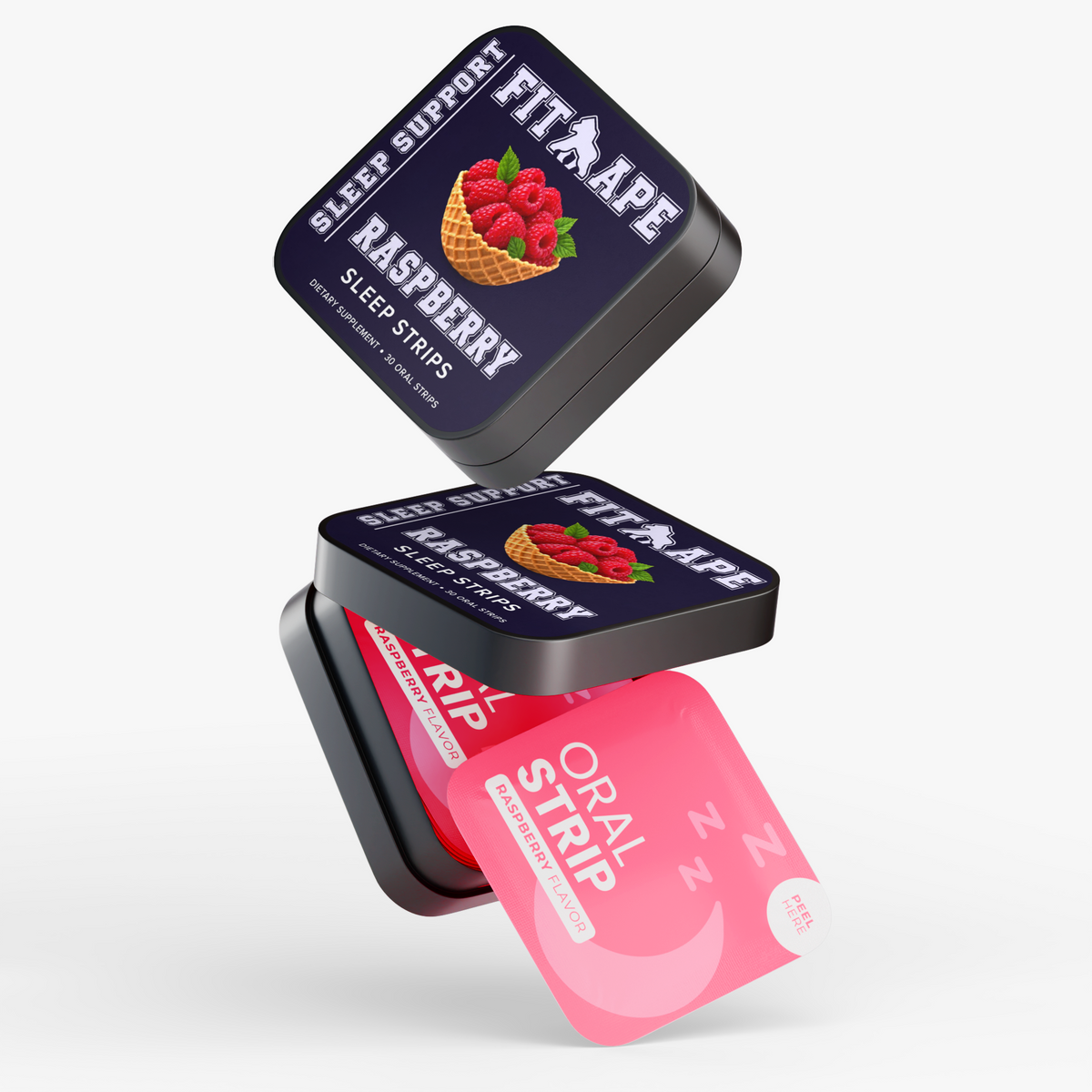 Stacked FIT APE Raspberry Sleep Strips tins with a pink oral strip packet