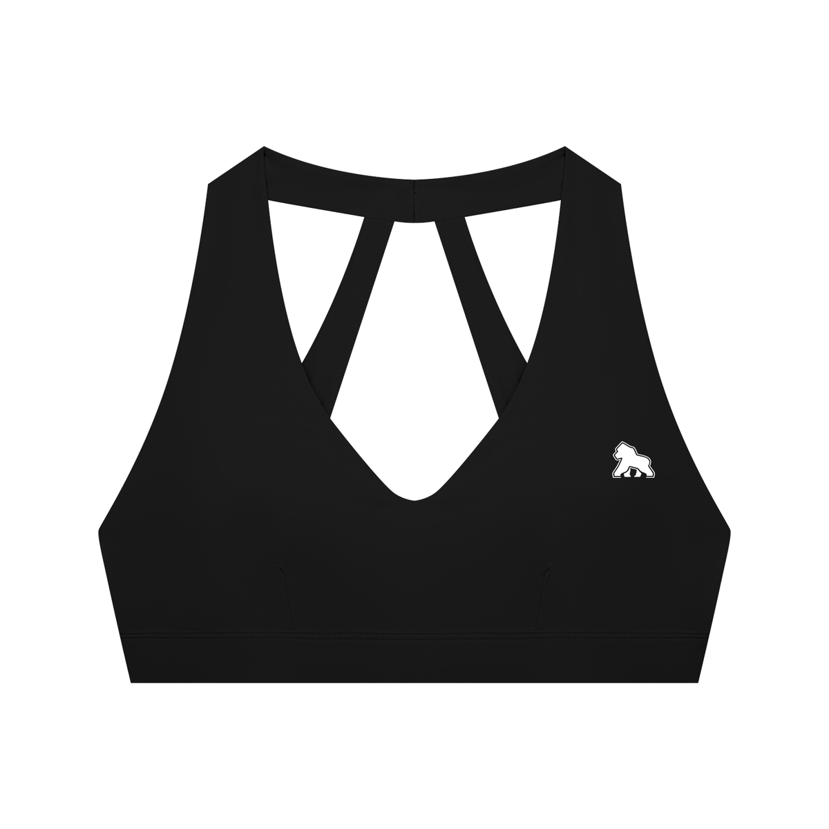 Black FIT APE halter sports bra with cutout straps and white gorilla, front view