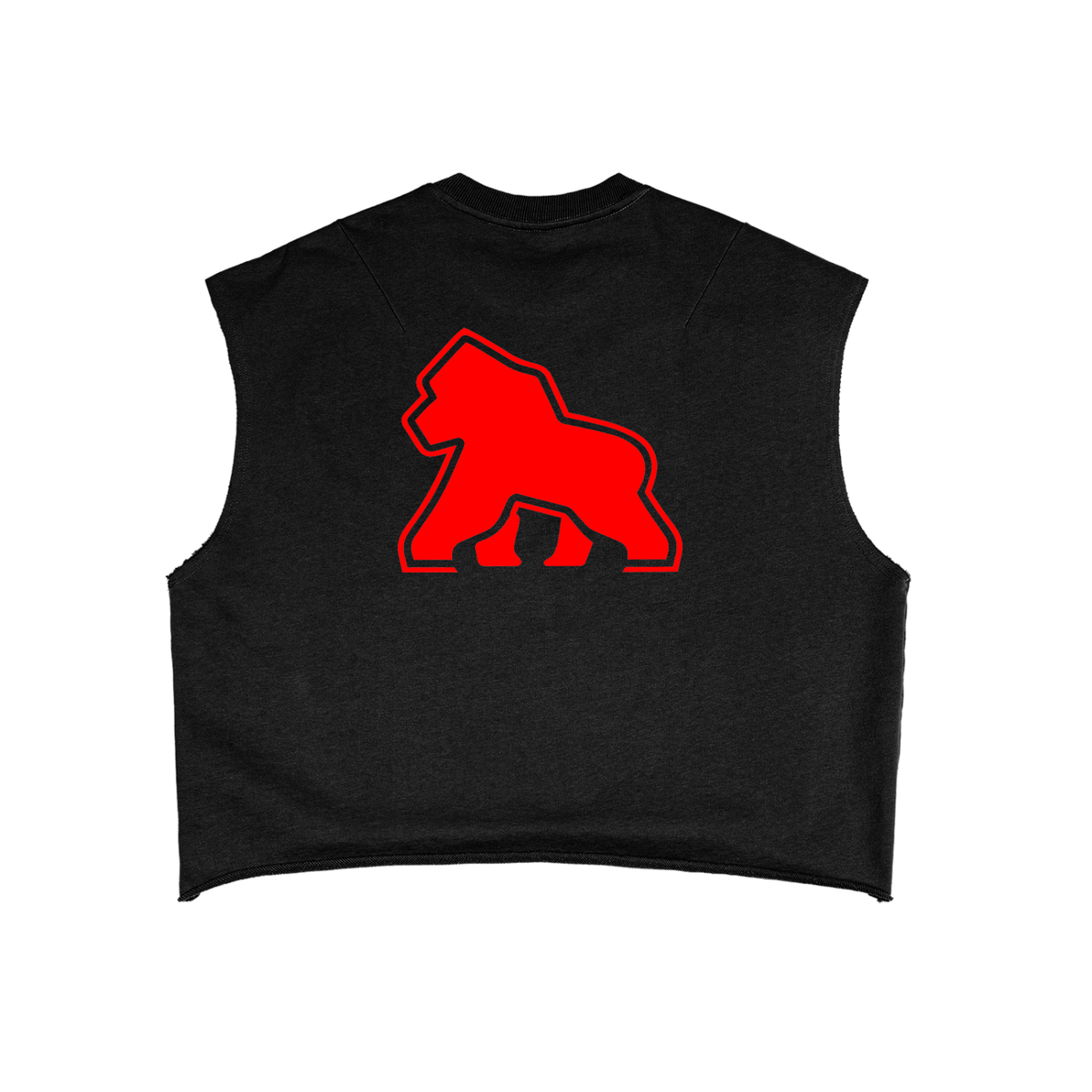 Black FIT APE boxy tank top with large red gorilla, back view