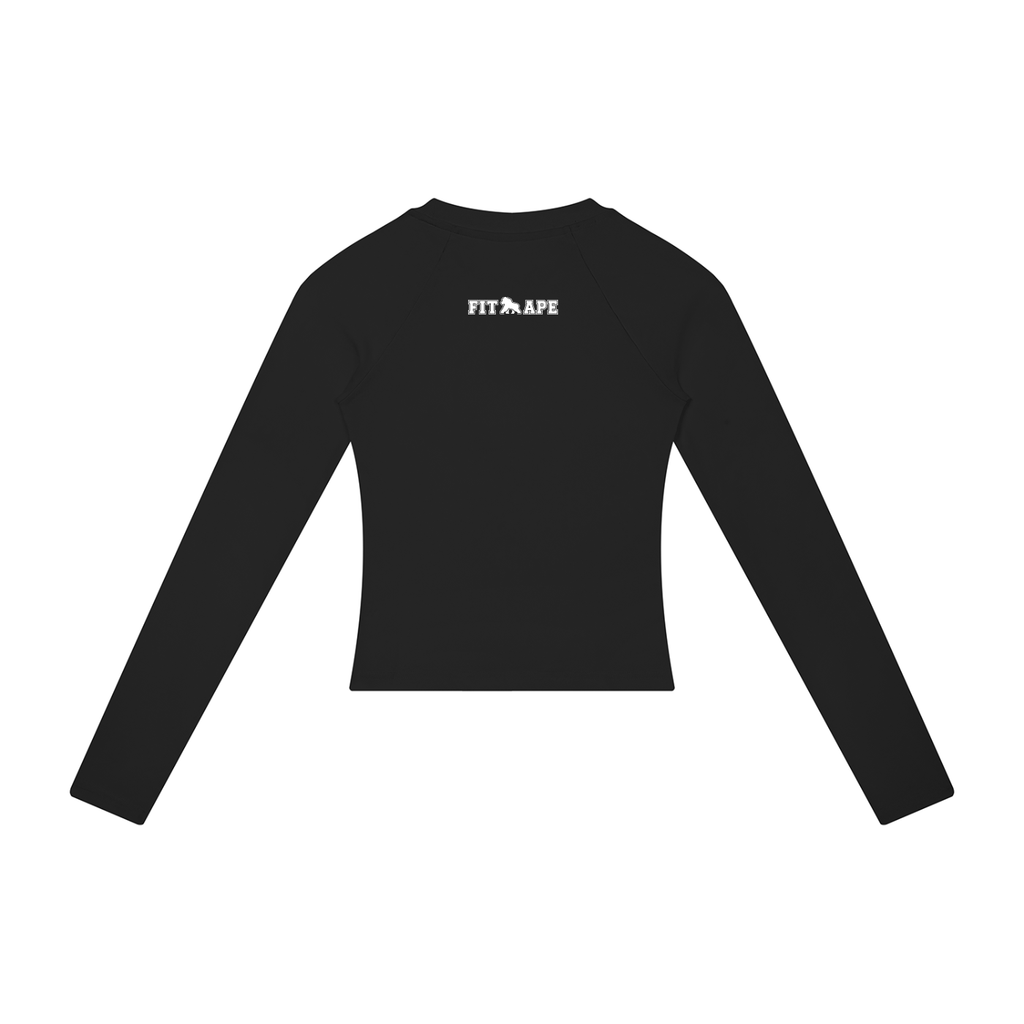 Black FIT APE women's slim long-sleeve tee with white upper-back lettering, back view