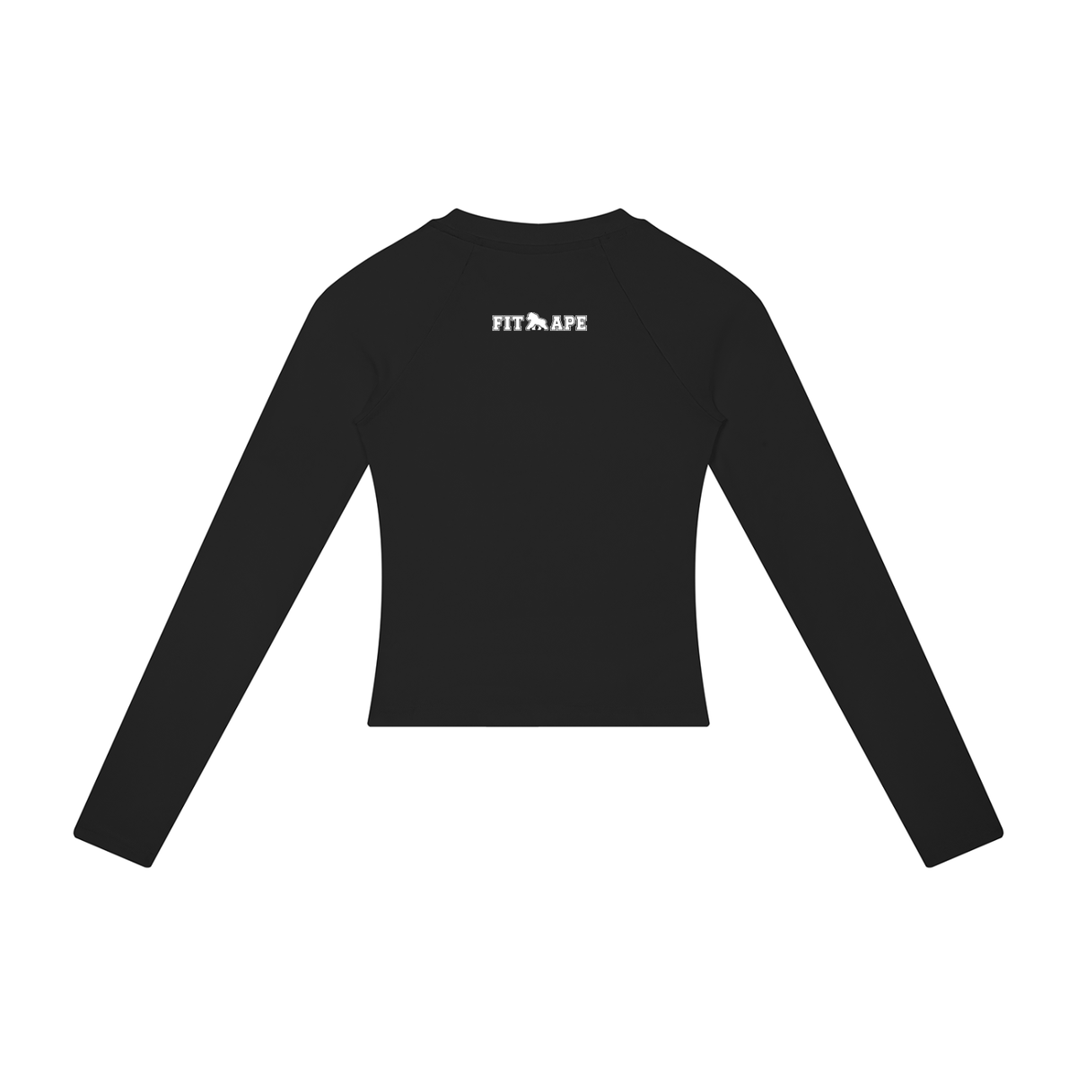 Black FIT APE women's slim long-sleeve tee with white upper-back lettering, back view