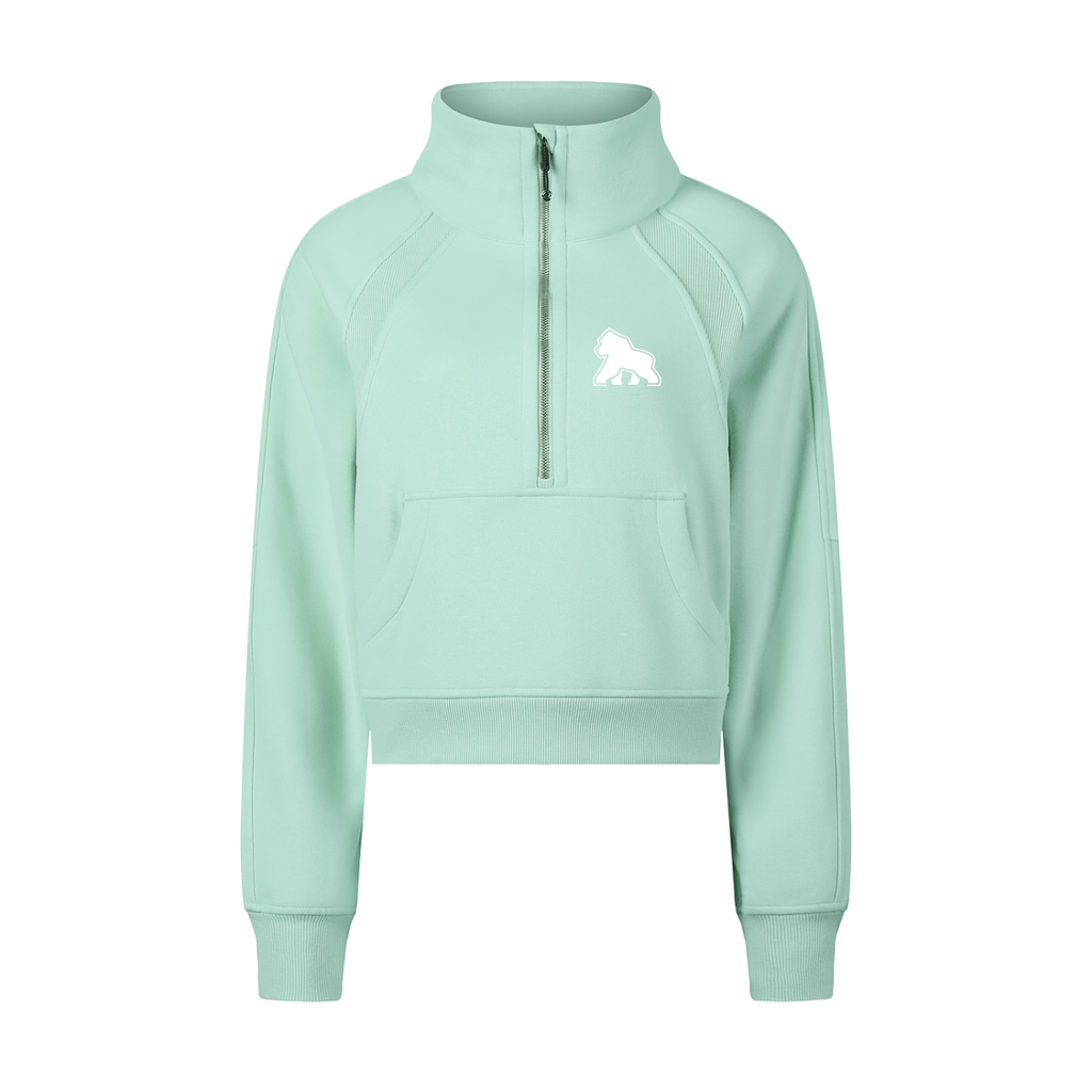 Mint FIT APE cropped half-zip sweatshirt with white chest gorilla, front view