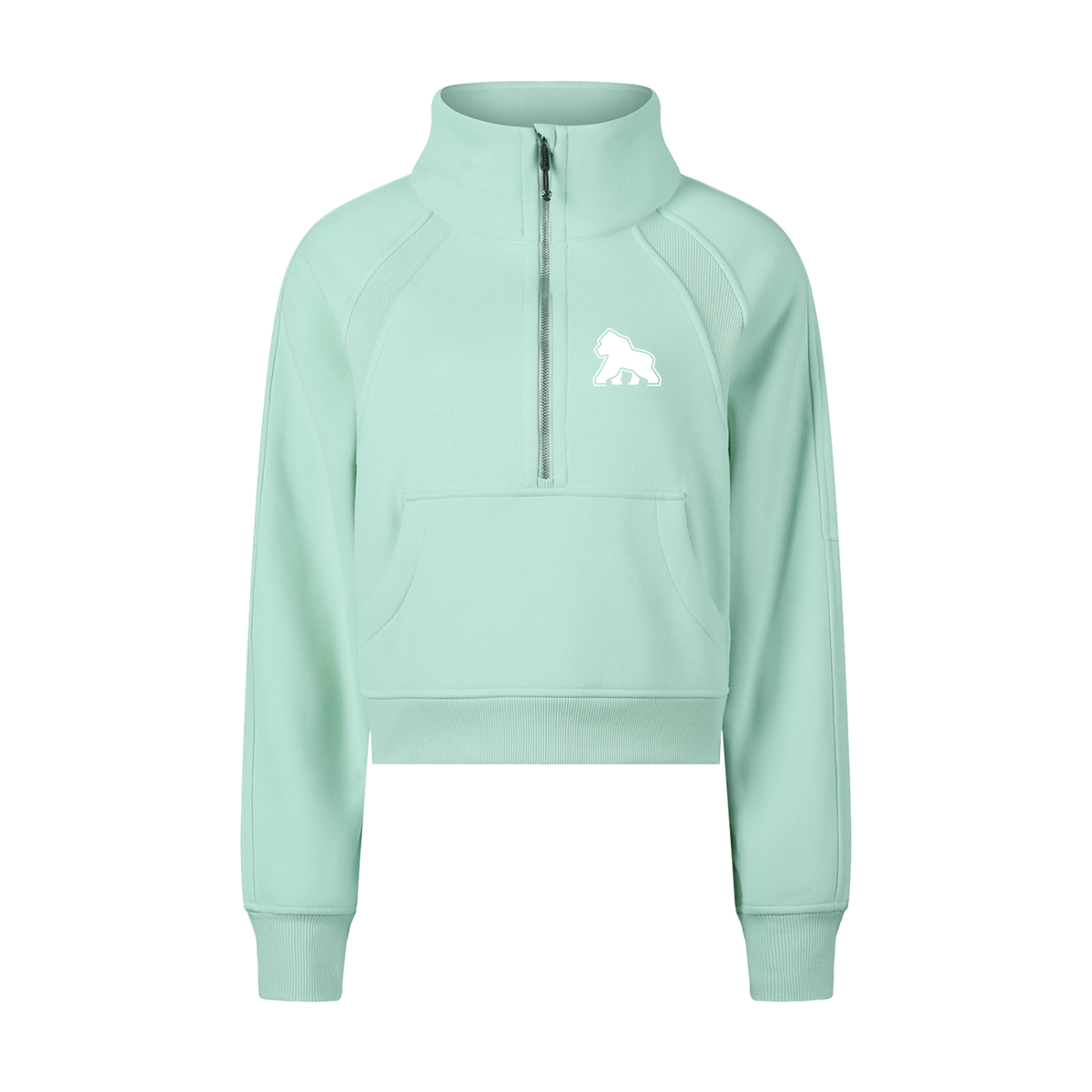Mint FIT APE cropped half-zip sweatshirt with white chest gorilla, front view