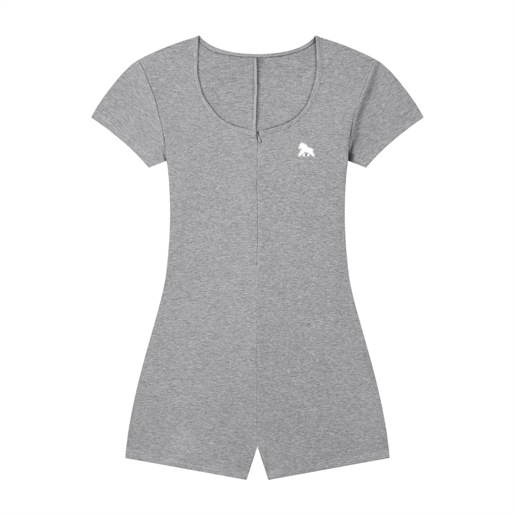 Gray FIT APE fitted short-sleeve romper with scoop neck and white chest gorilla, front view