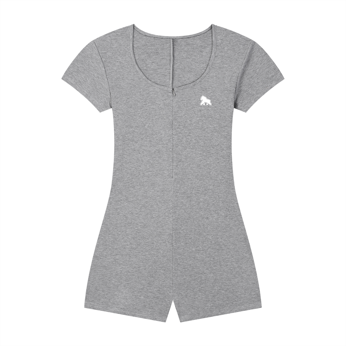 Gray FIT APE fitted short-sleeve romper with scoop neck and white chest gorilla, front view