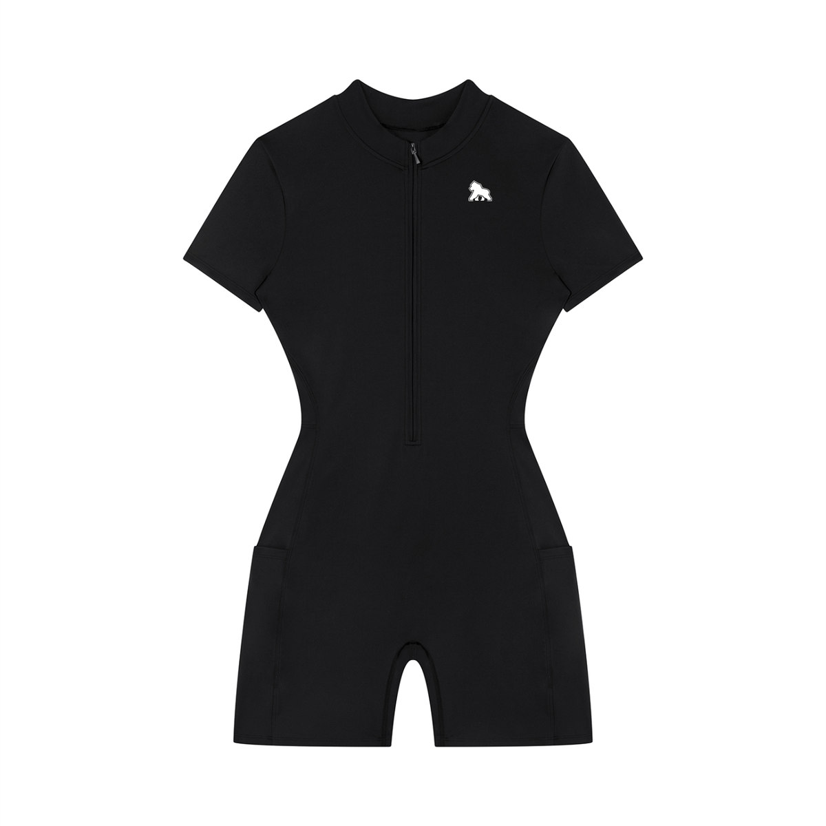Black FIT APE short-sleeve quarter-zip romper with white chest gorilla, front view