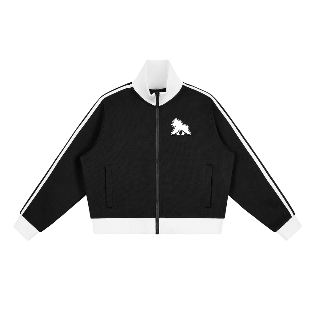 Black FIT APE cropped track jacket with white collar, sleeve stripes, and chest gorilla, front view