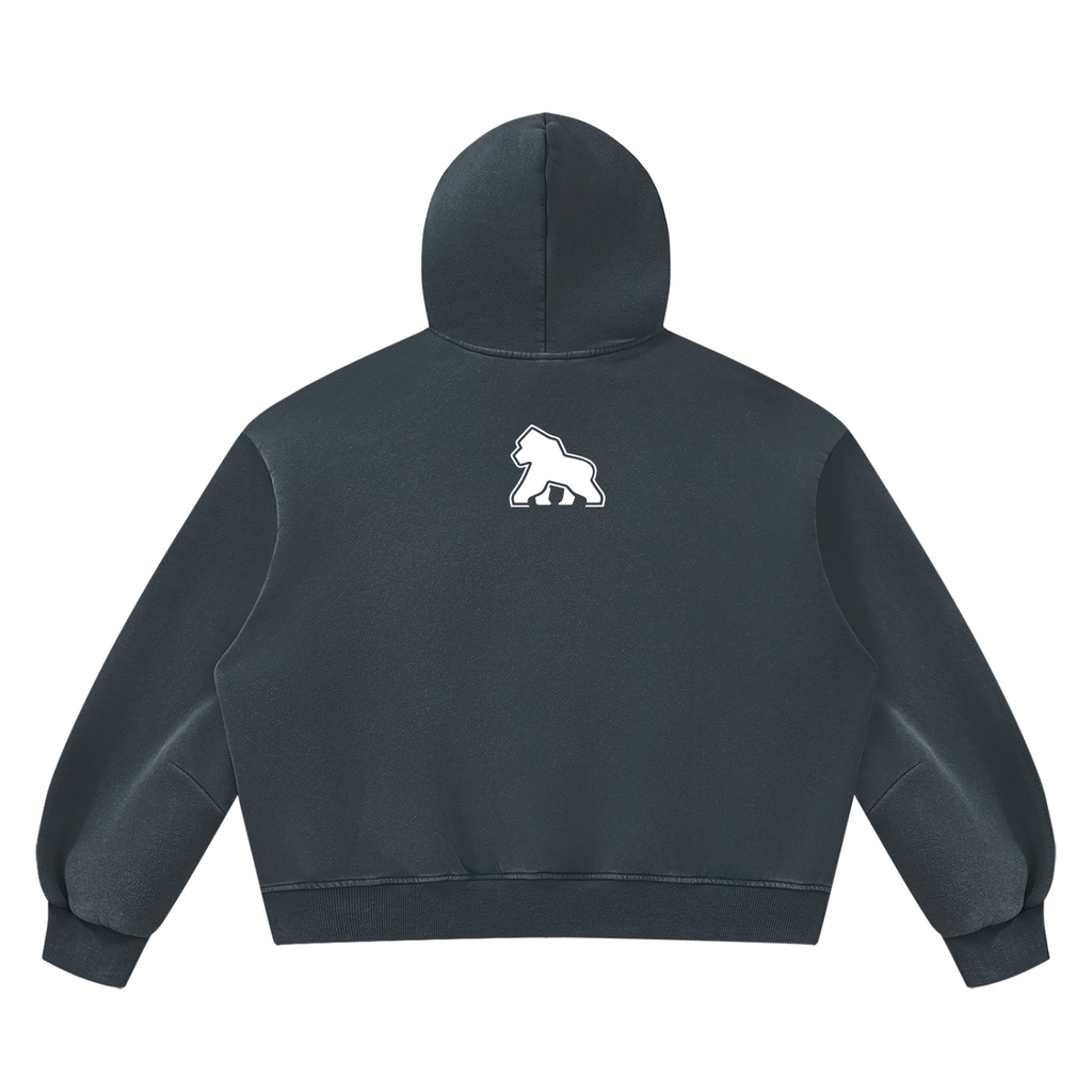 Dark blue-gray FIT APE vintage-wash boxy hoodie with white gorilla, back view
