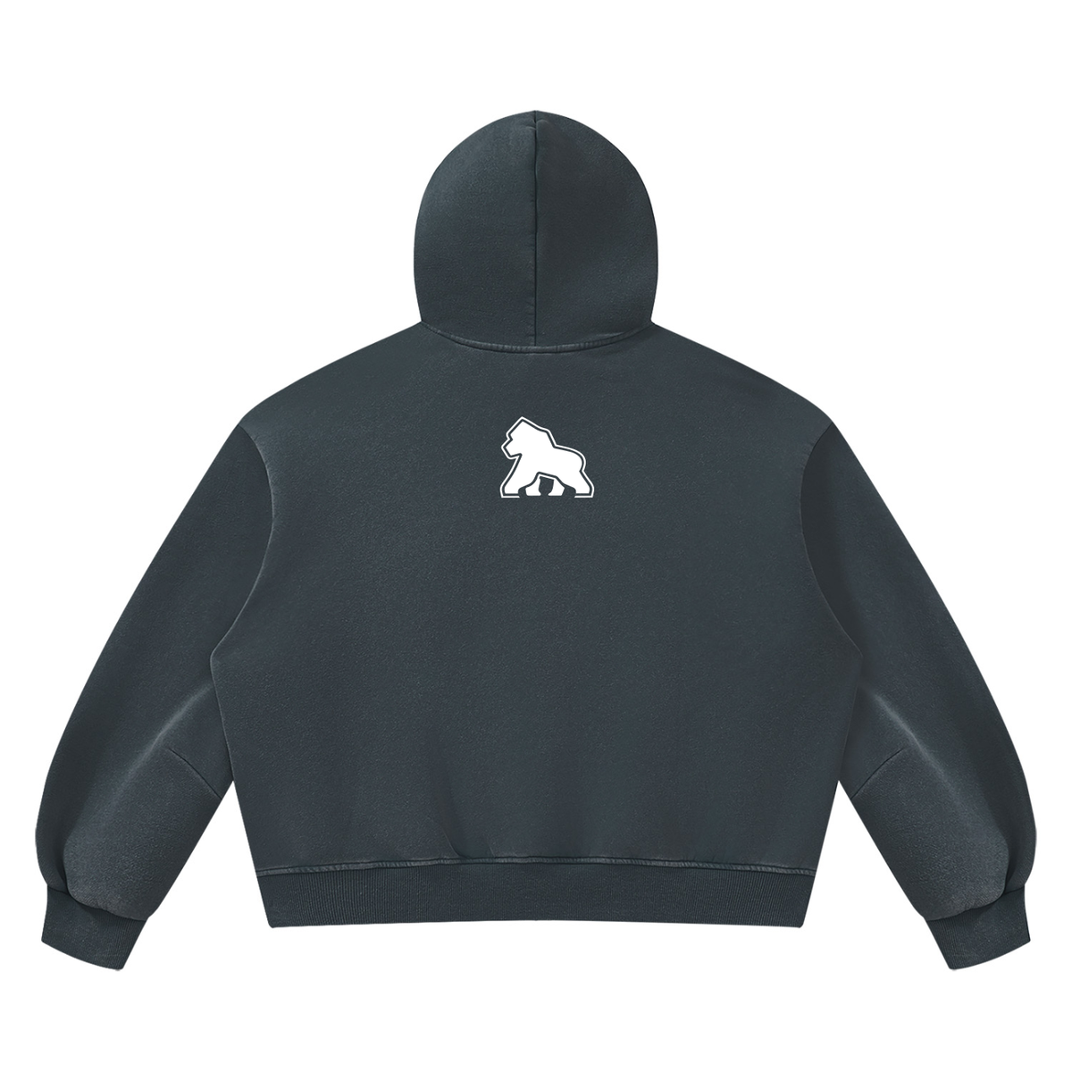 Dark blue-gray FIT APE vintage-wash boxy hoodie with white gorilla, back view