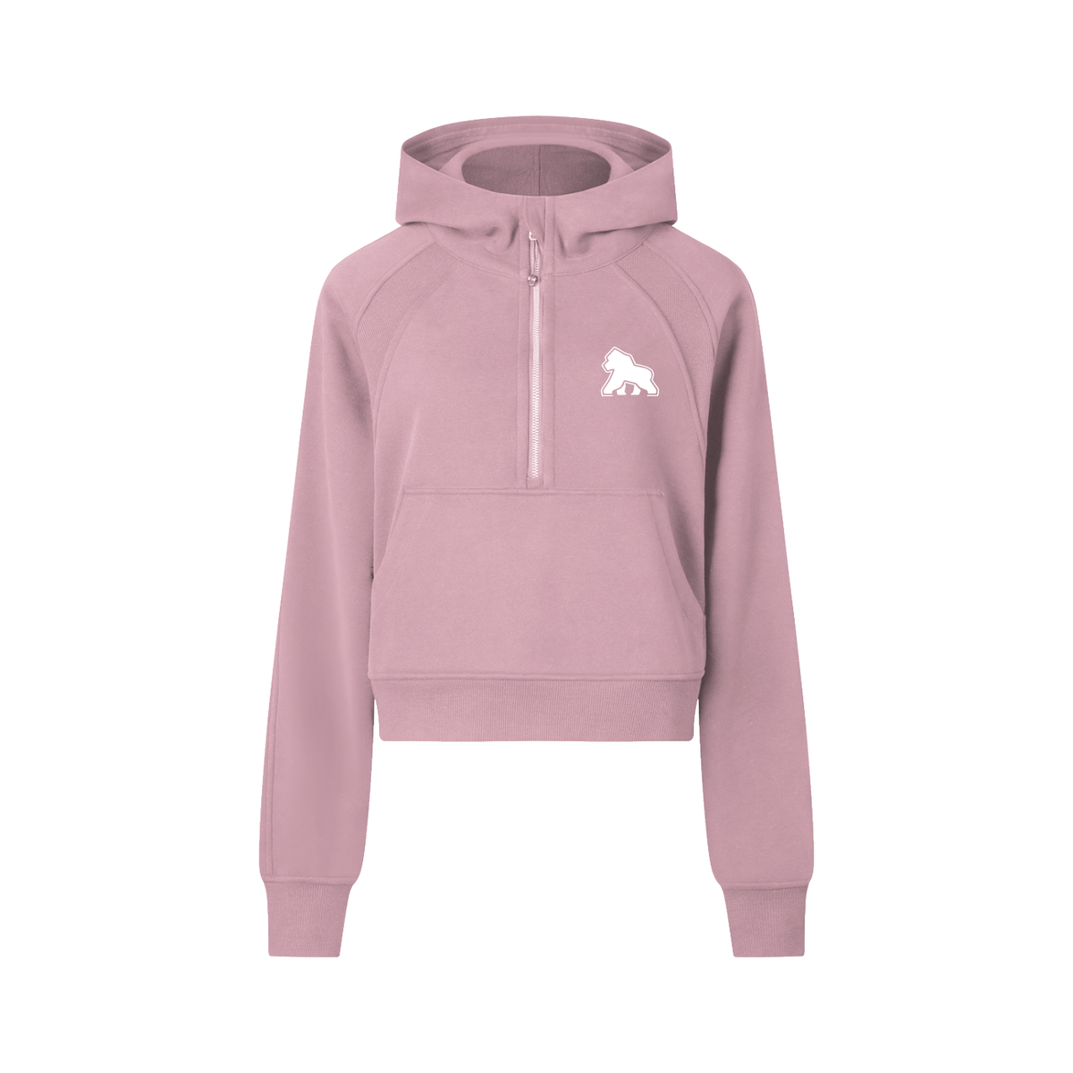 Dusty pink FIT APE cropped half-zip hoodie with white chest gorilla, front view