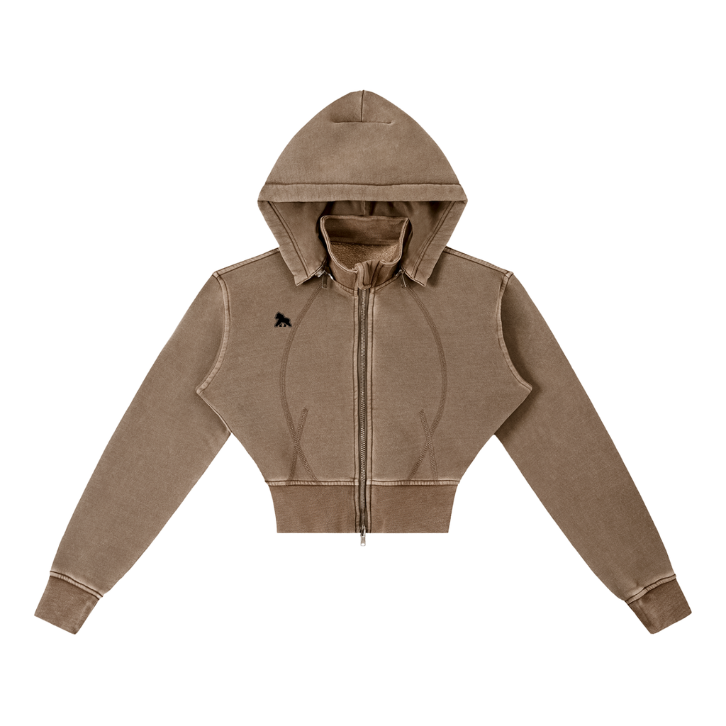Washed brown FIT APE women's fitted cropped zip hoodie with black chest gorilla, front view