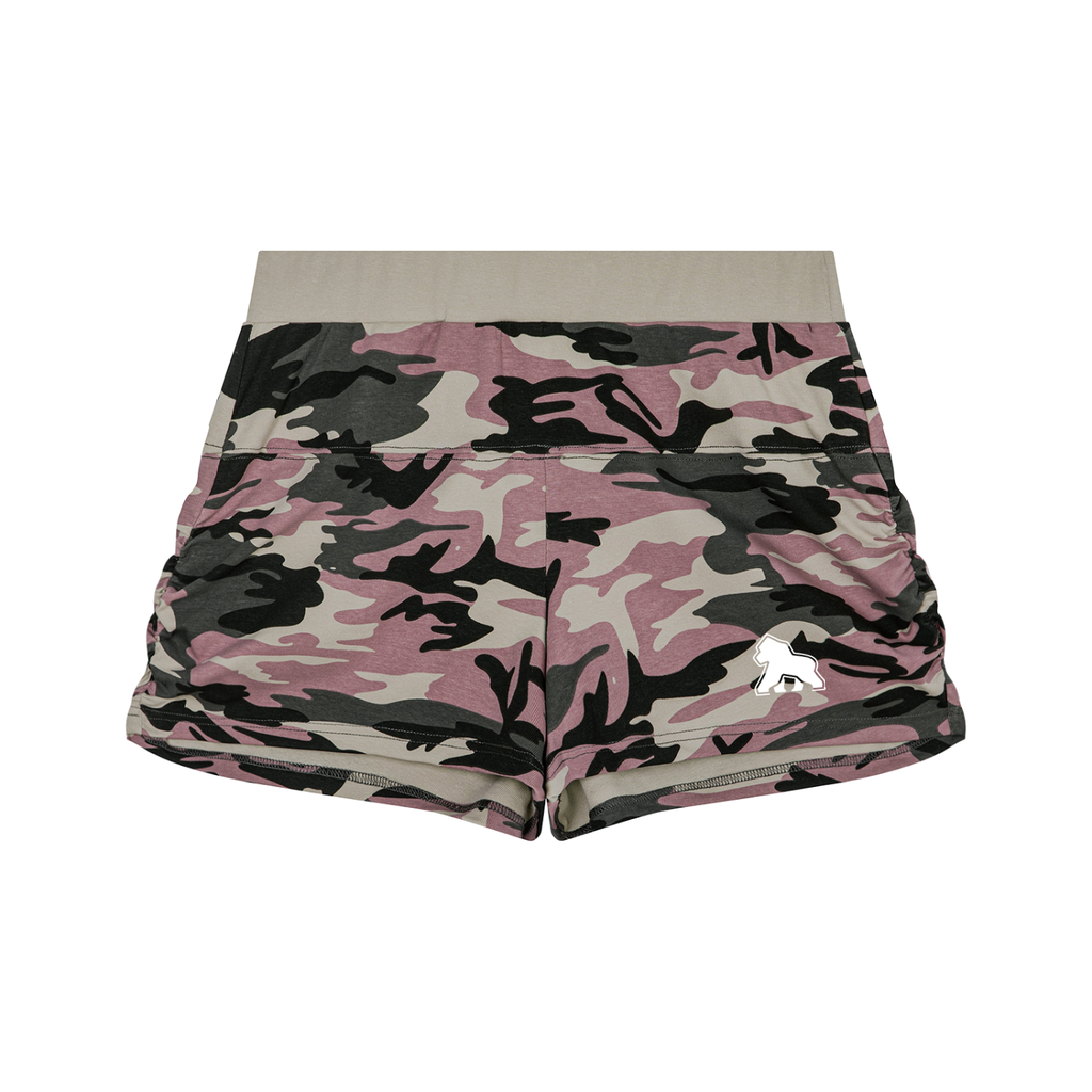 Pink and black FIT APE women's camouflage shorts with white gorilla logo, front view