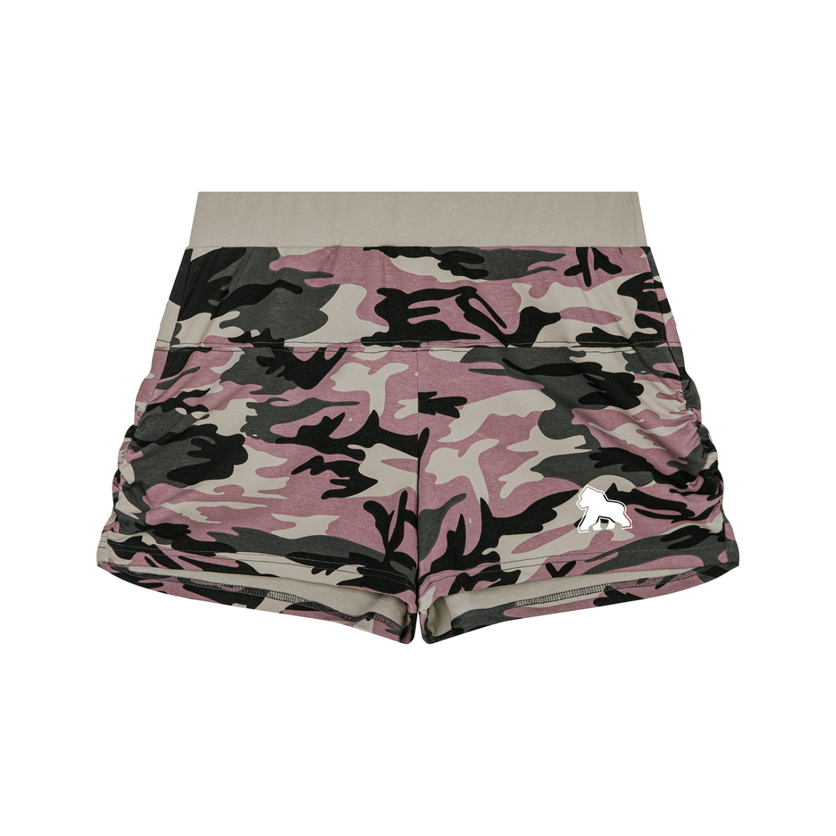 Pink and black FIT APE women's camouflage shorts with white gorilla logo, front view