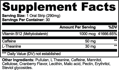 Supplement Facts and ingredients label for FIT APE Cranberry Energy Strips