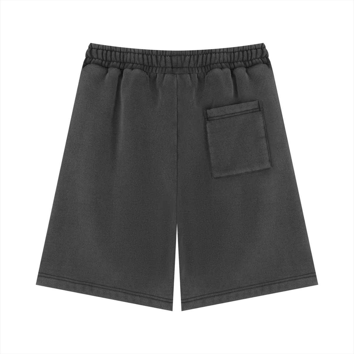 Washed charcoal FIT APE fleece shorts with one patch pocket, back view