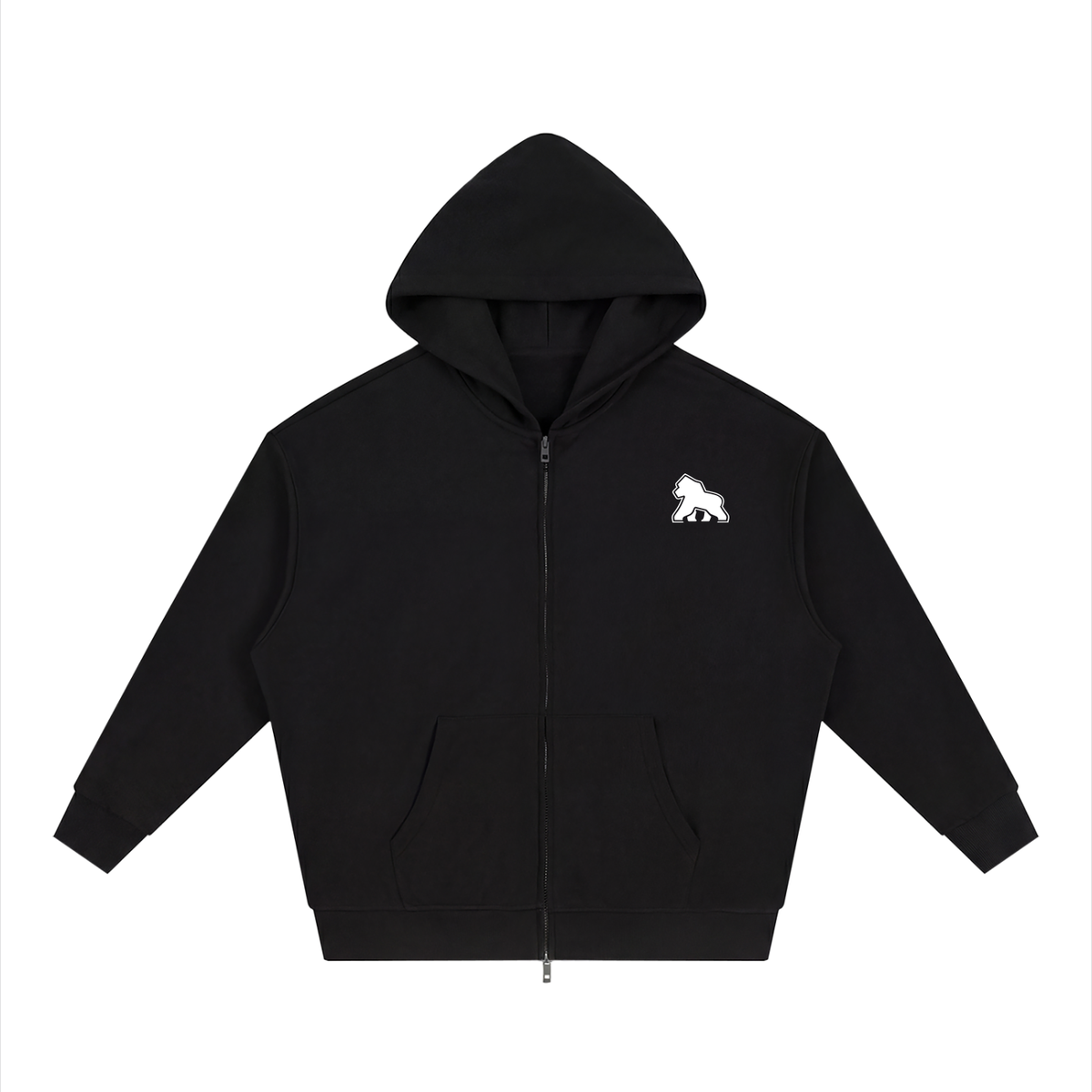 Black FIT APE men's heavy zip hoodie with white chest gorilla, front view