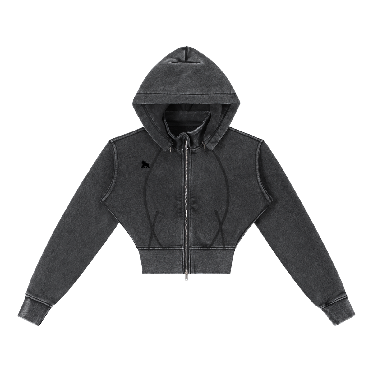 Washed charcoal FIT APE women's fitted cropped zip hoodie with black chest gorilla, front view