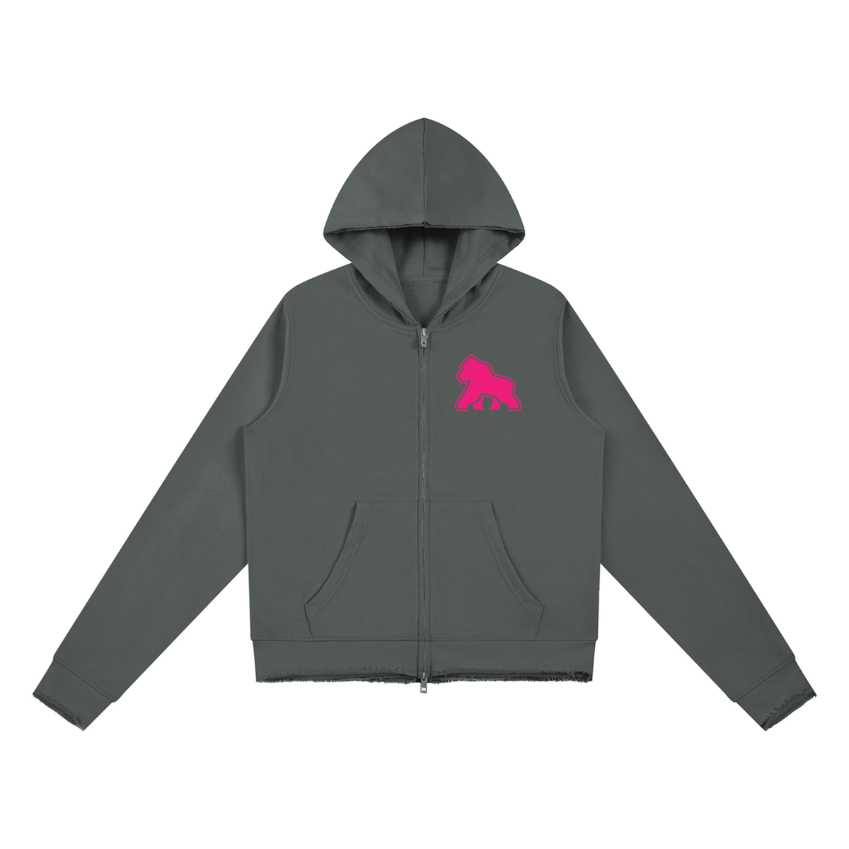 Charcoal FIT APE women's raw-edge full-zip hoodie with pink chest gorilla, front view