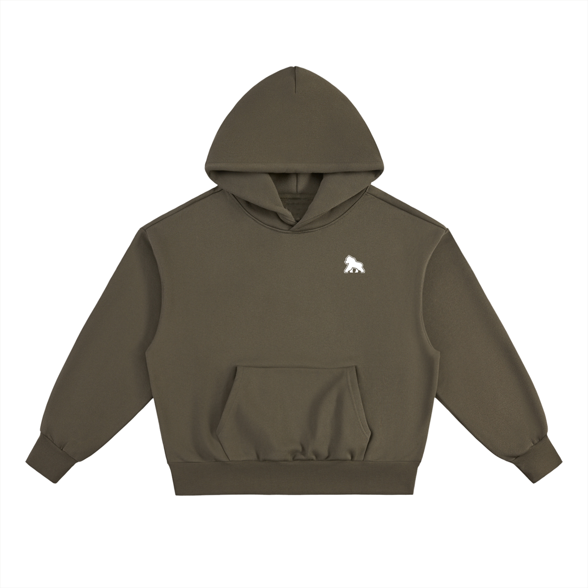 Olive FIT APE men's fleece pullover hoodie with white chest gorilla, front view