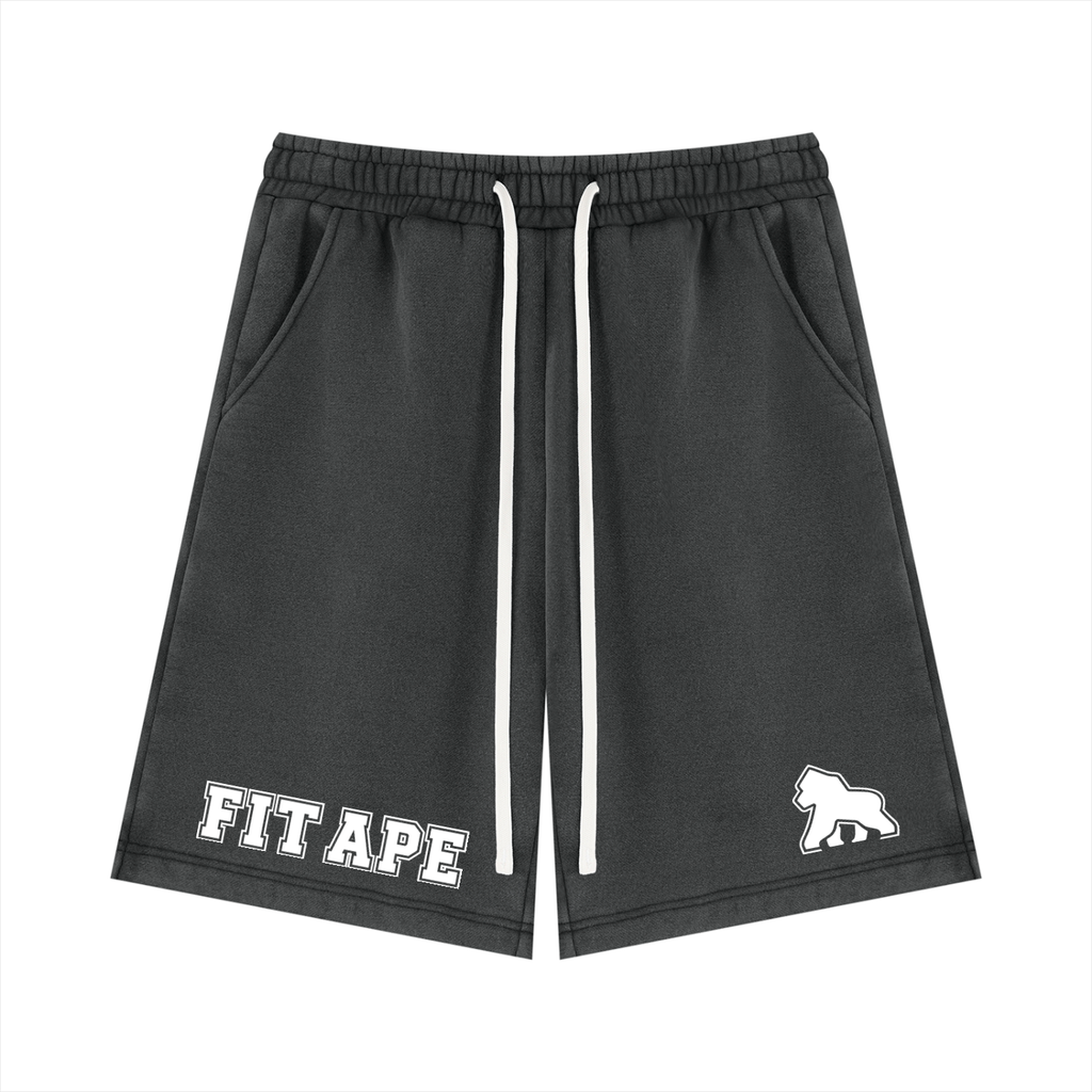Washed charcoal FIT APE fleece shorts with long white drawstrings and white logos, front view