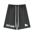 Washed charcoal FIT APE fleece shorts with long white drawstrings and white logos, front view