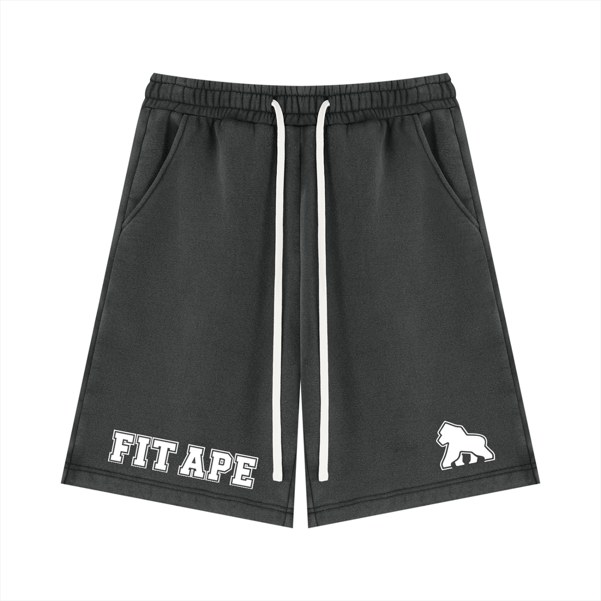 Washed charcoal FIT APE fleece shorts with long white drawstrings and white logos, front view