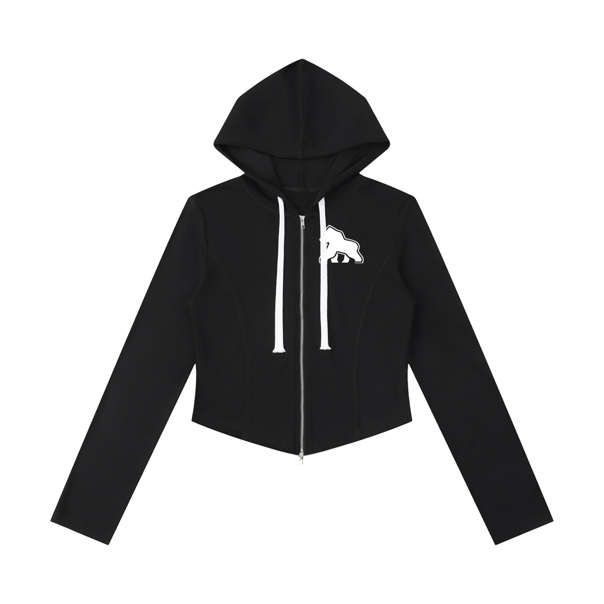 Black FIT APE women's slim cropped zip hoodie with white drawstrings and gorilla, front view