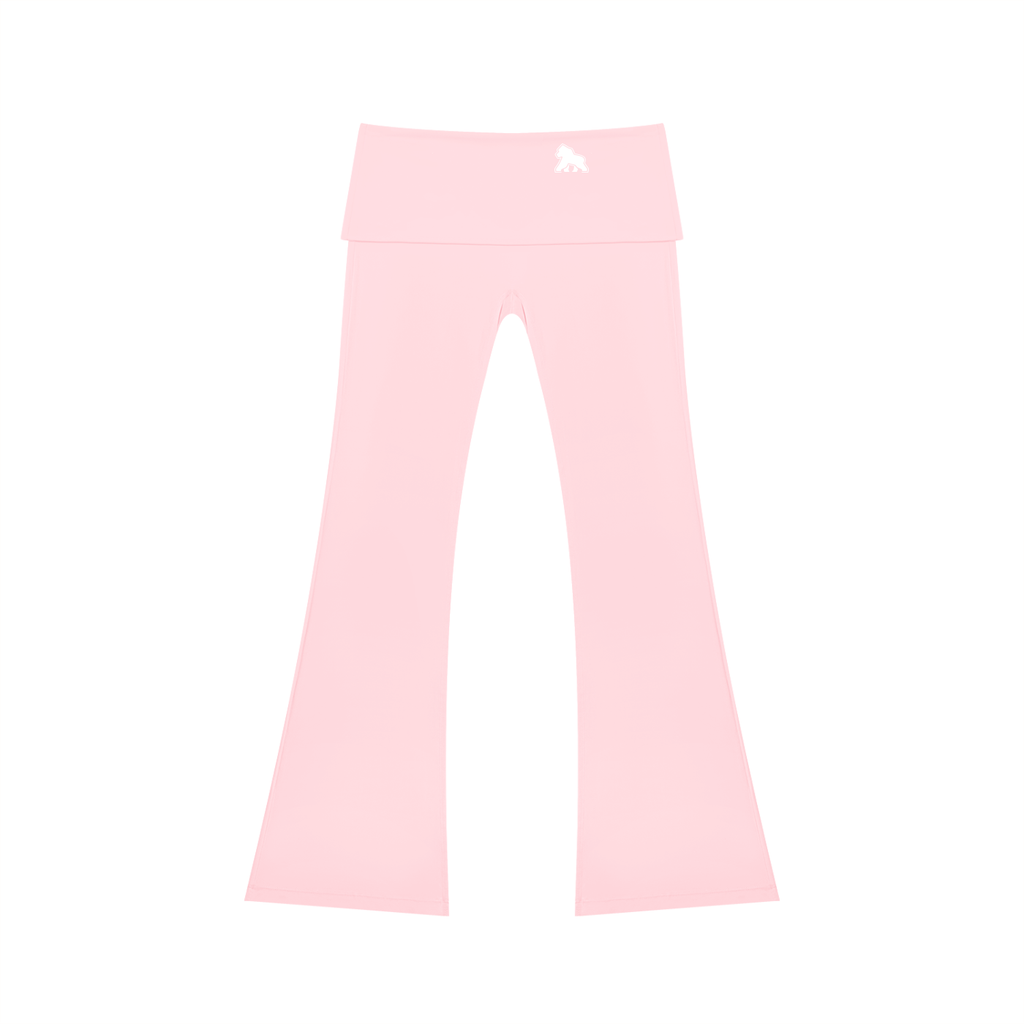 Pale pink FIT APE flared yoga pants with fold-over waistband and white gorilla, front view