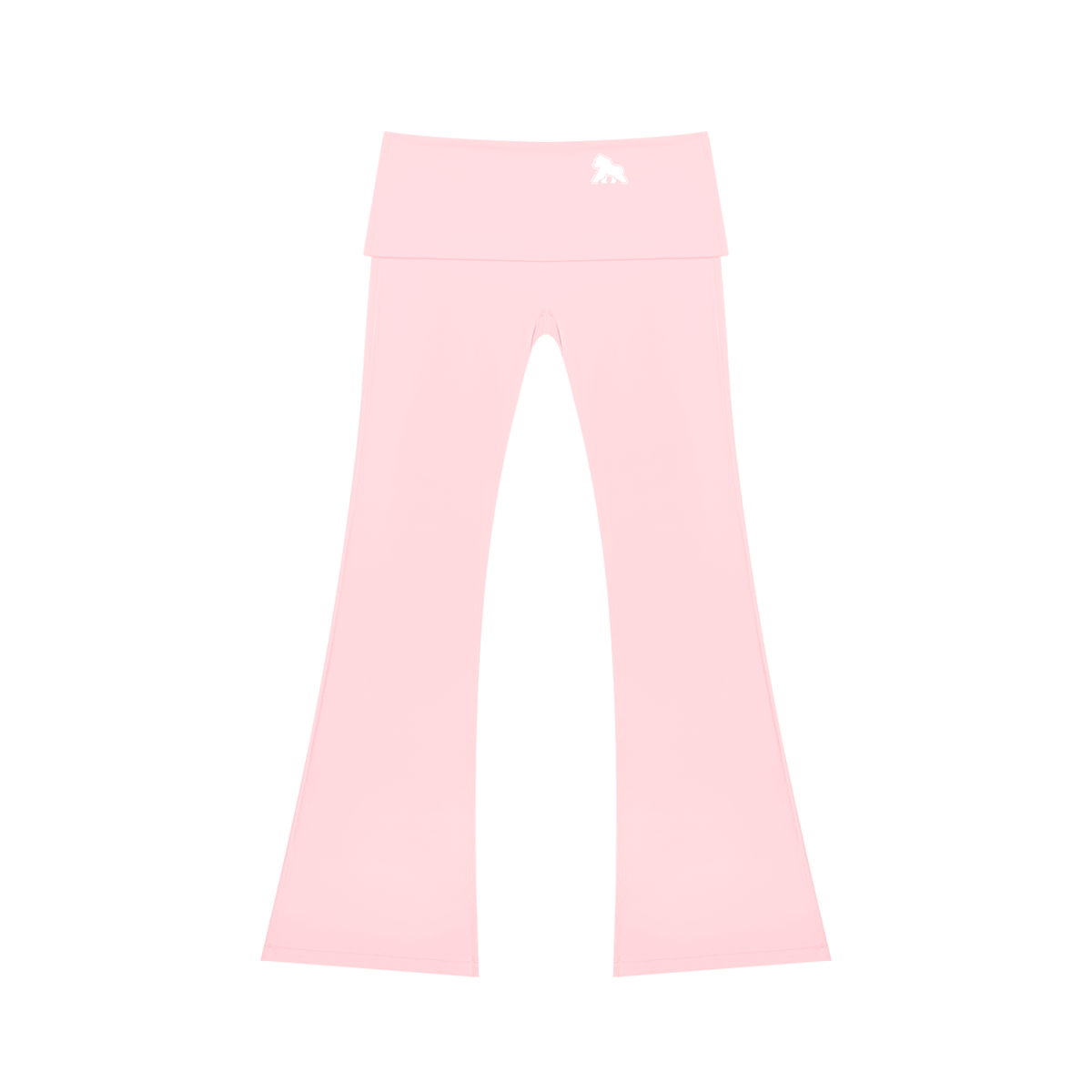 Pale pink FIT APE flared yoga pants with fold-over waistband and white gorilla, front view
