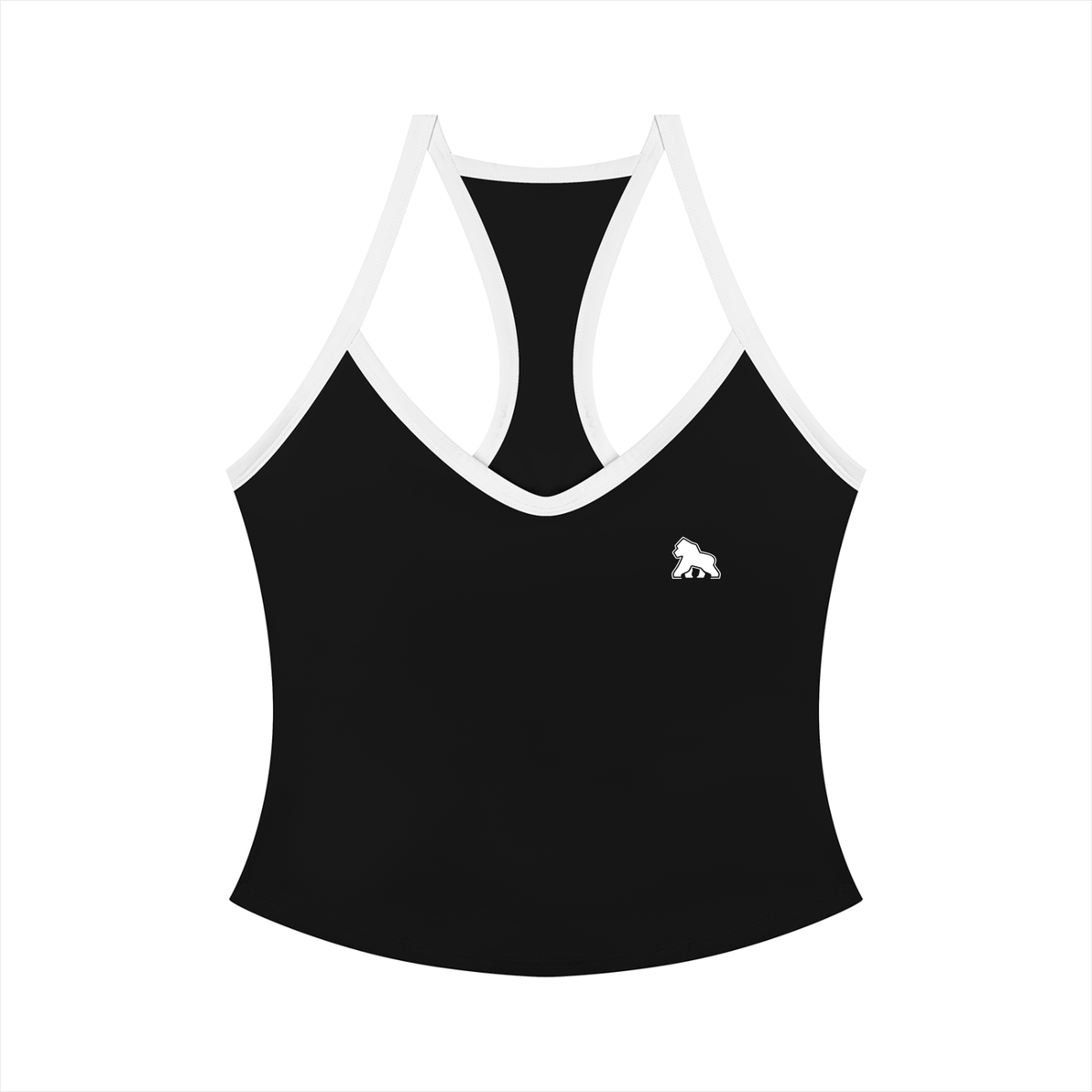 Black FIT APE women's yoga tank with white contrast straps and chest gorilla, front view