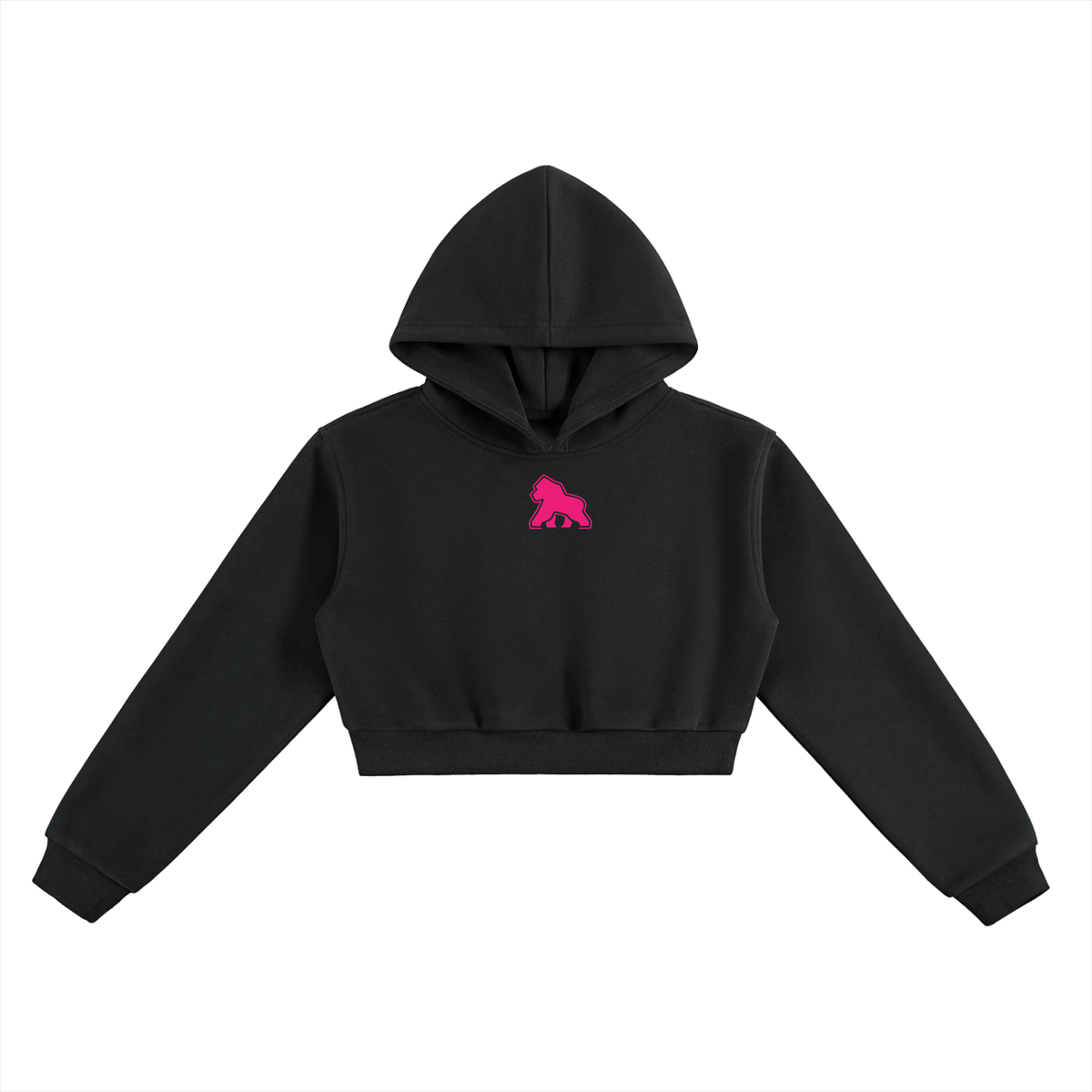 Black FIT APE cropped hoodie with pink chest gorilla, front flat lay