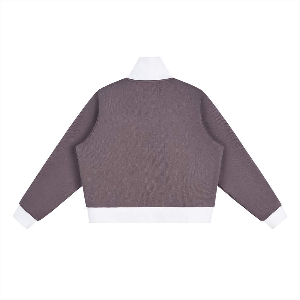 Muted purple FIT APE cropped track jacket with white collar, cuffs, and hem, back view