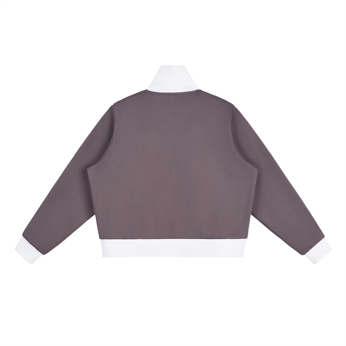 Muted purple FIT APE cropped track jacket with white collar, cuffs, and hem, back view