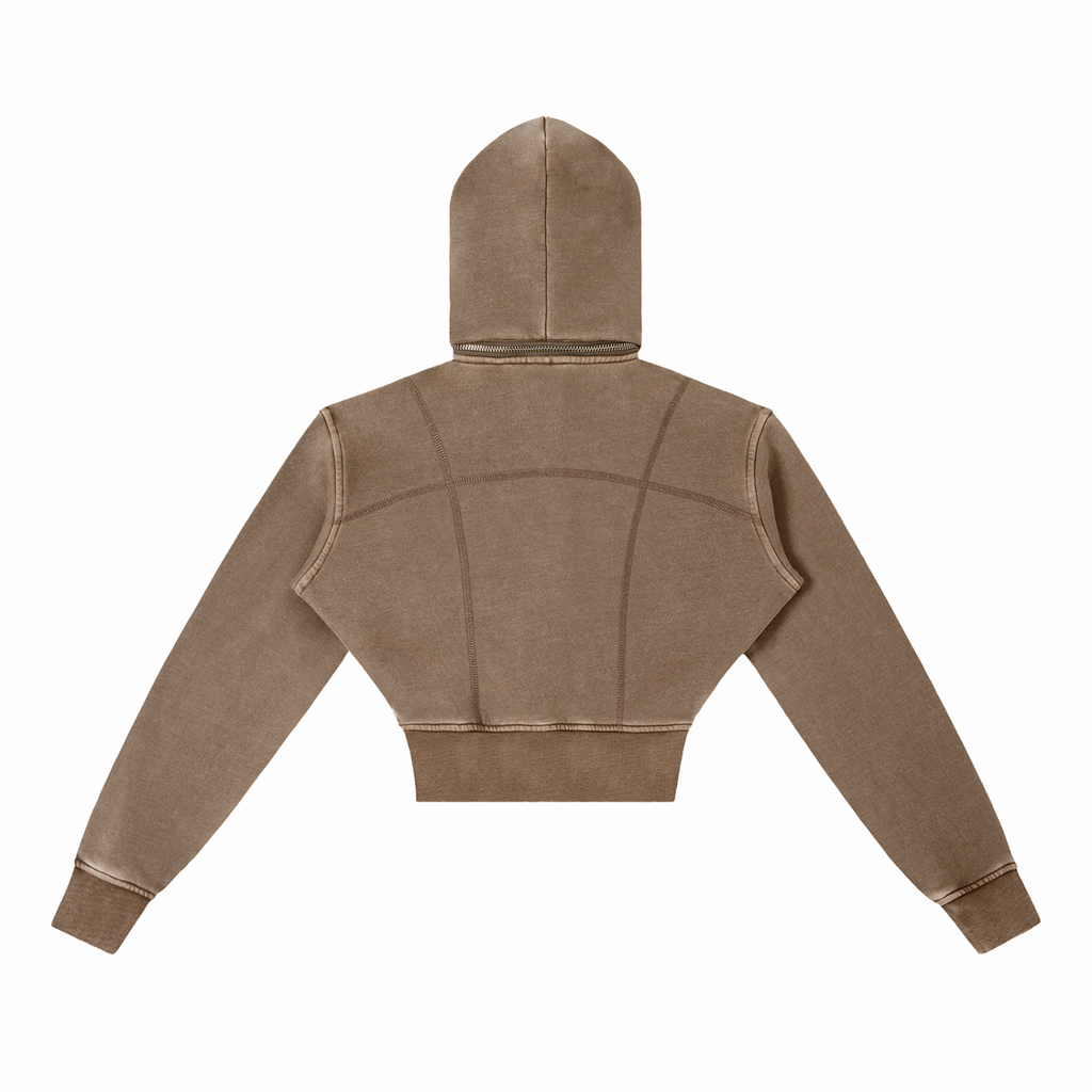 Washed brown FIT APE women's fitted cropped zip hoodie with curved seams, back view