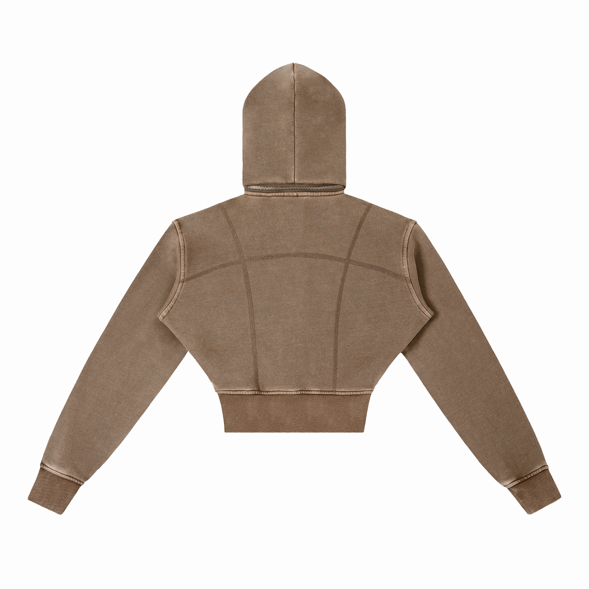 Washed brown FIT APE women's fitted cropped zip hoodie with curved seams, back view