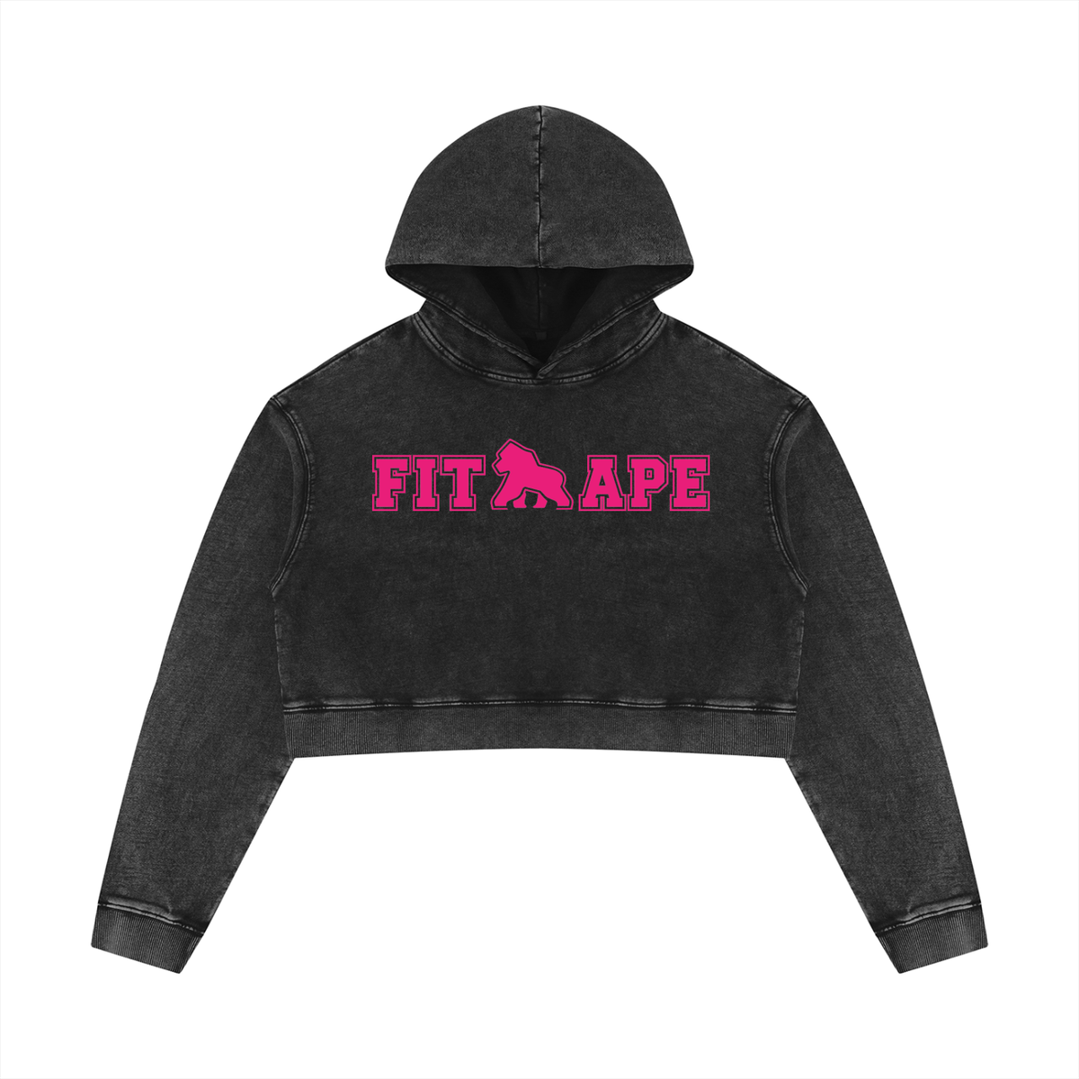 Washed black FIT APE women's cropped hoodie with bright pink chest lettering, front view