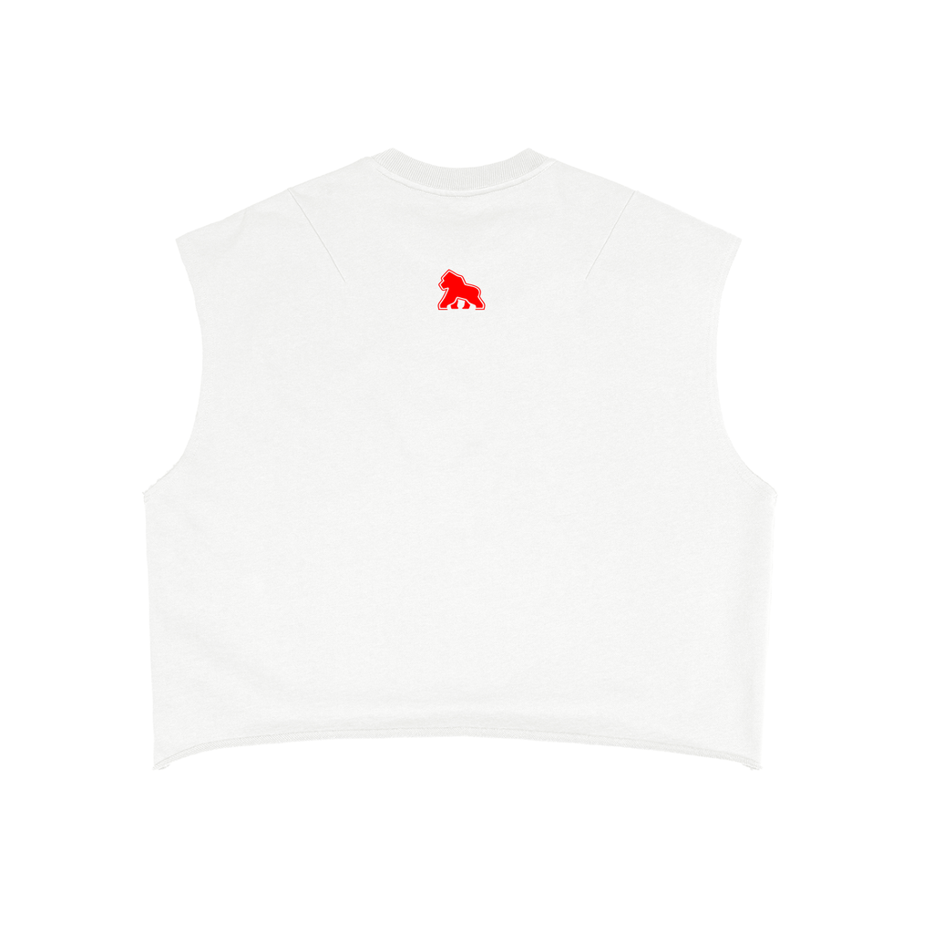 White FIT APE BIG APE tank top with a small red upper-back gorilla, back view