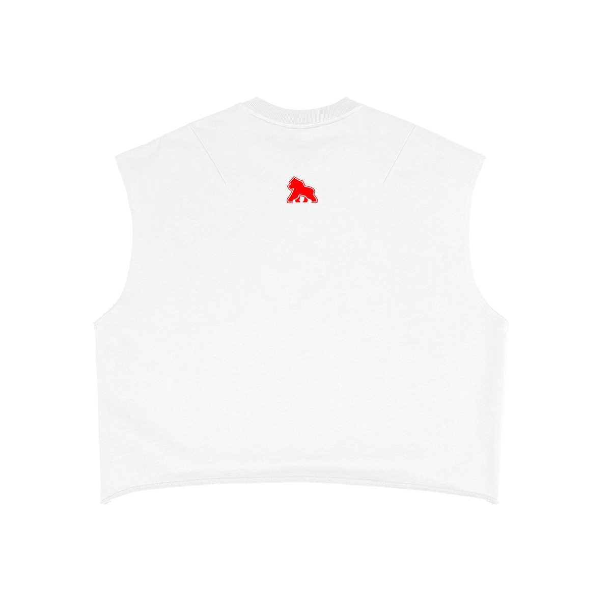 White FIT APE BIG APE tank top with a small red upper-back gorilla, back view